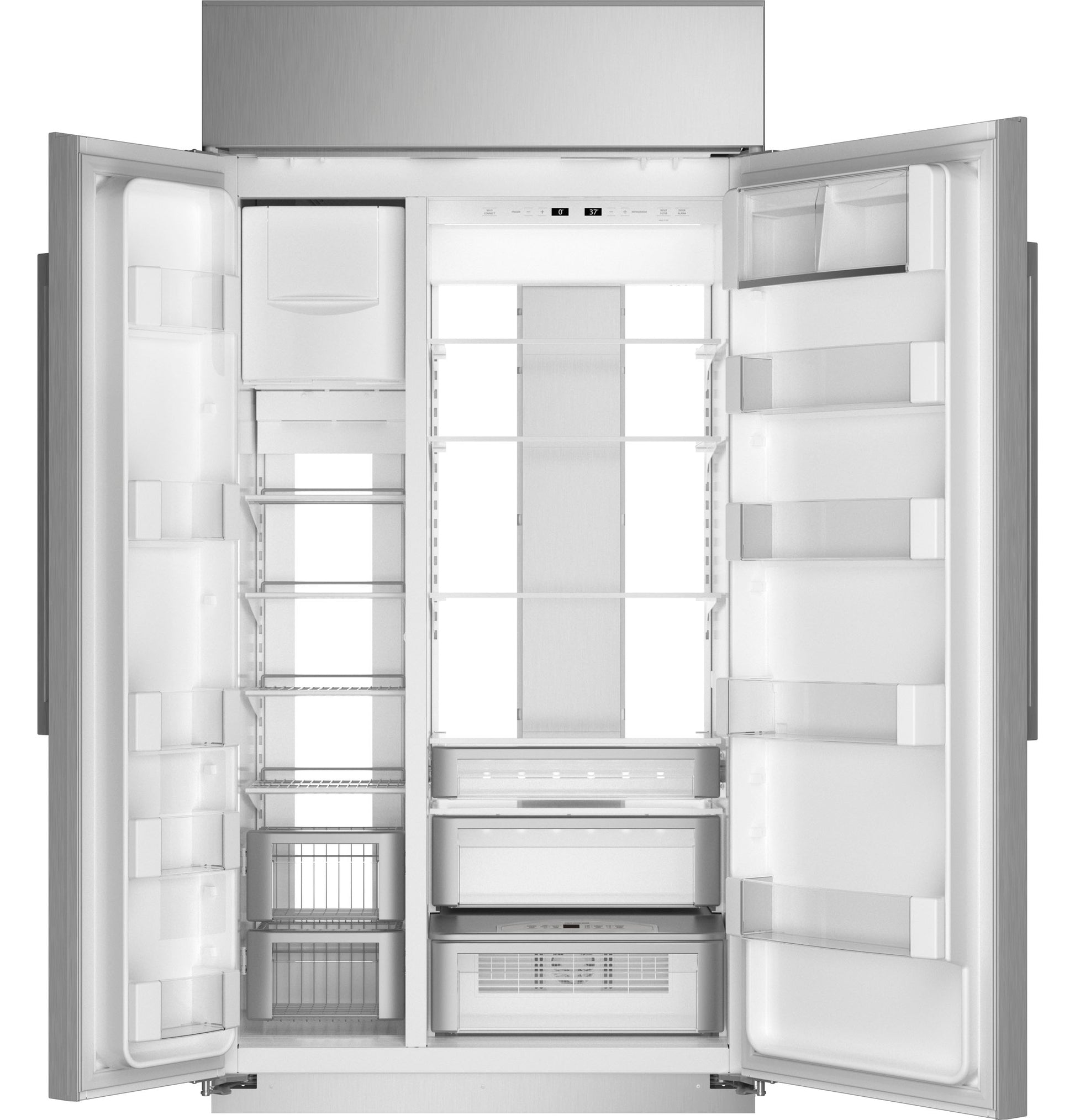 Open built-in side-by-side refrigerator showing adjustable shelves and spacious door compartments for kitchen appliances collection