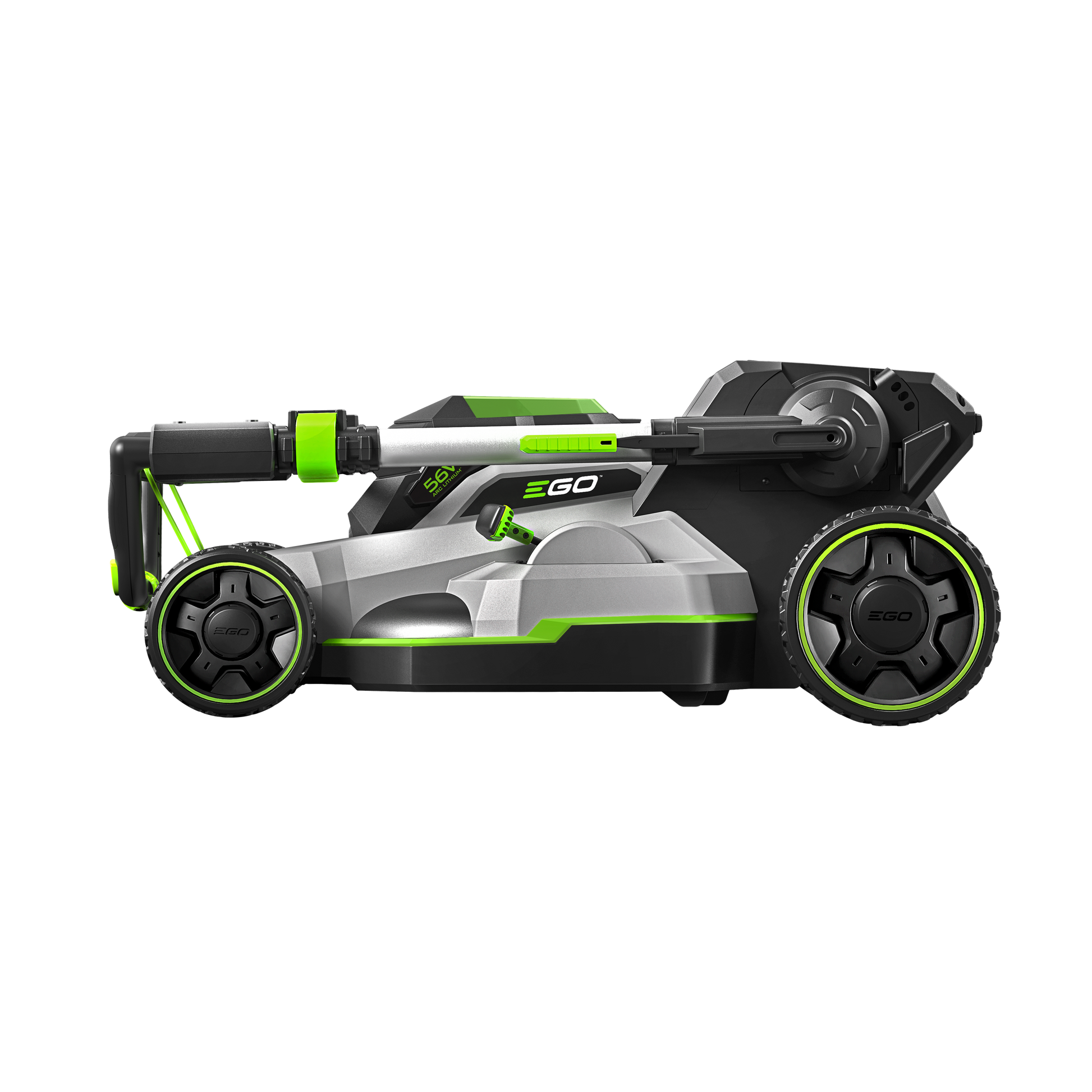 Compact green and black self-propelled cordless mower in folded position for outdoor power equipment and lawn care