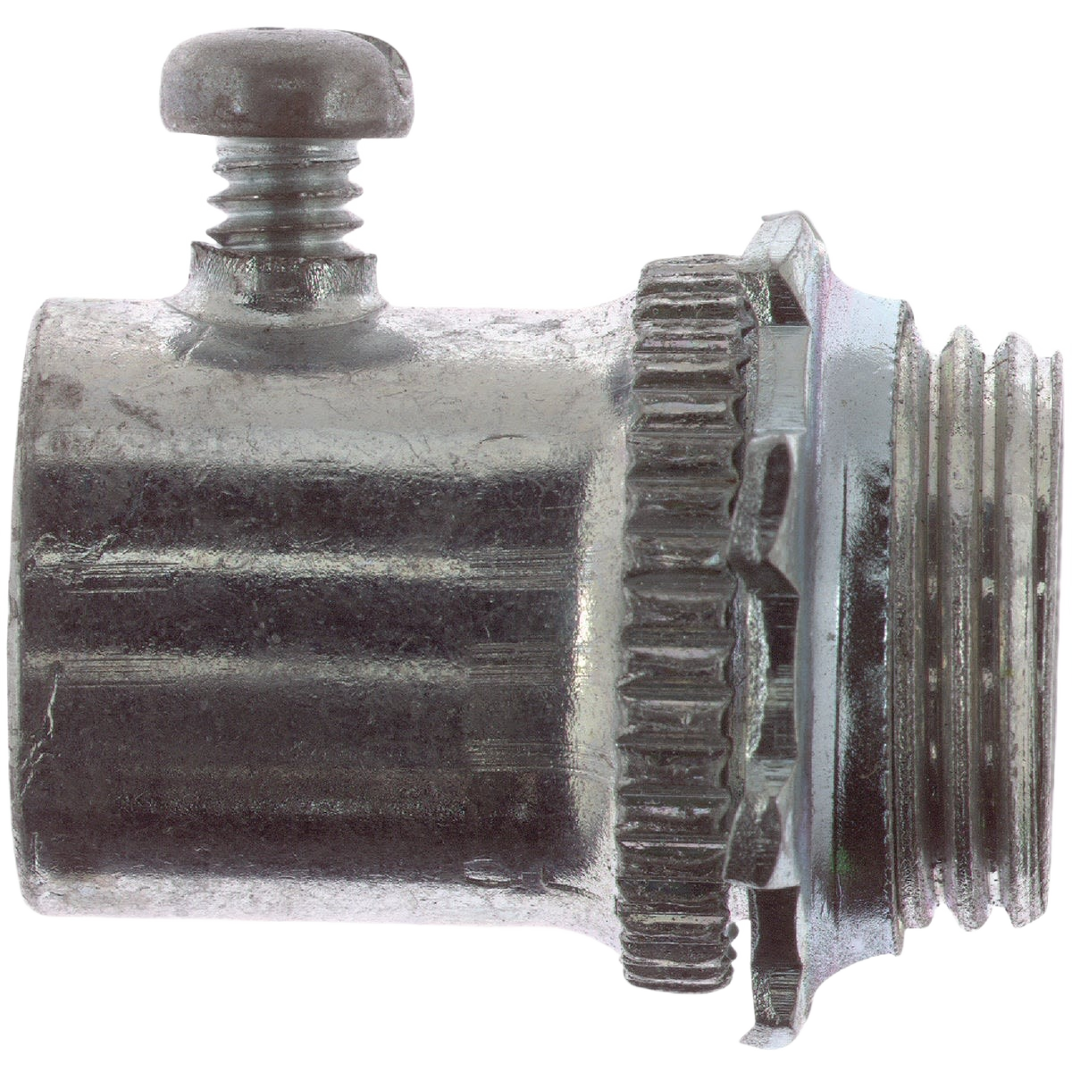 Metal compression connector for 2-inch EMT conduit with threaded end and tightening screw for electrical applications