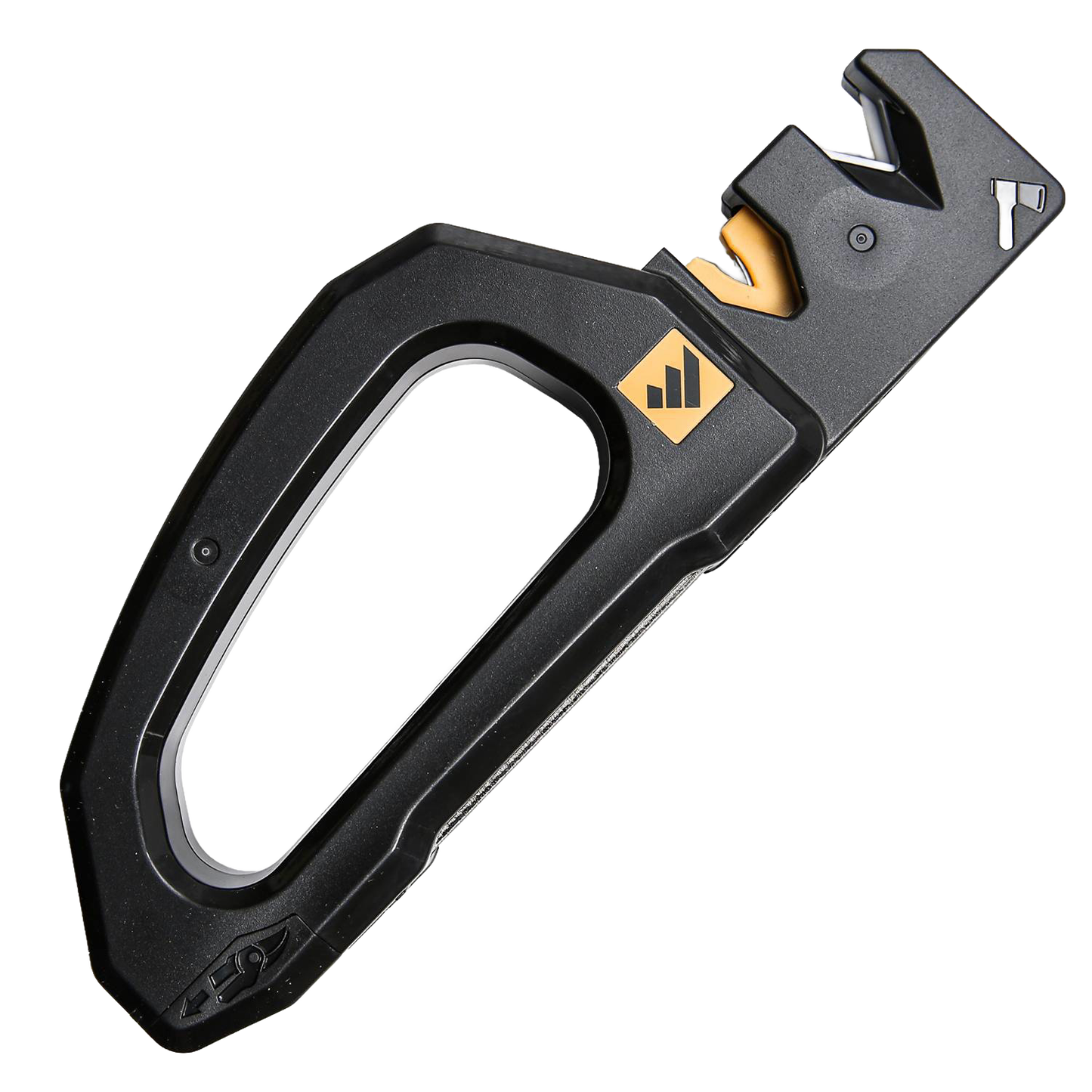 Compact black knife sharpener with ergonomic handle and angled sharpening slots for kitchen gadgets and home tools use