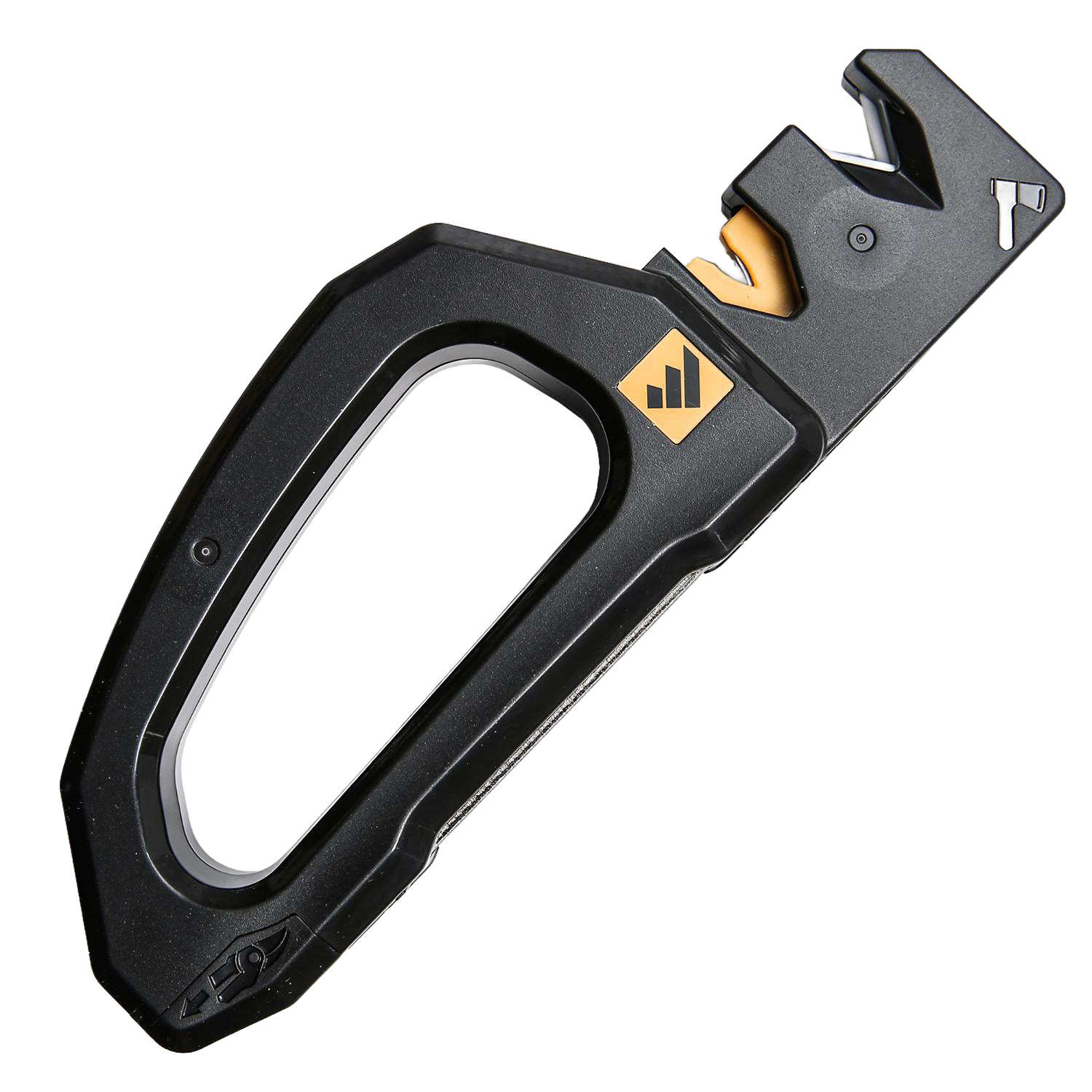 Compact black knife sharpener with ergonomic handle and angled sharpening slots for kitchen gadgets and home tools use
