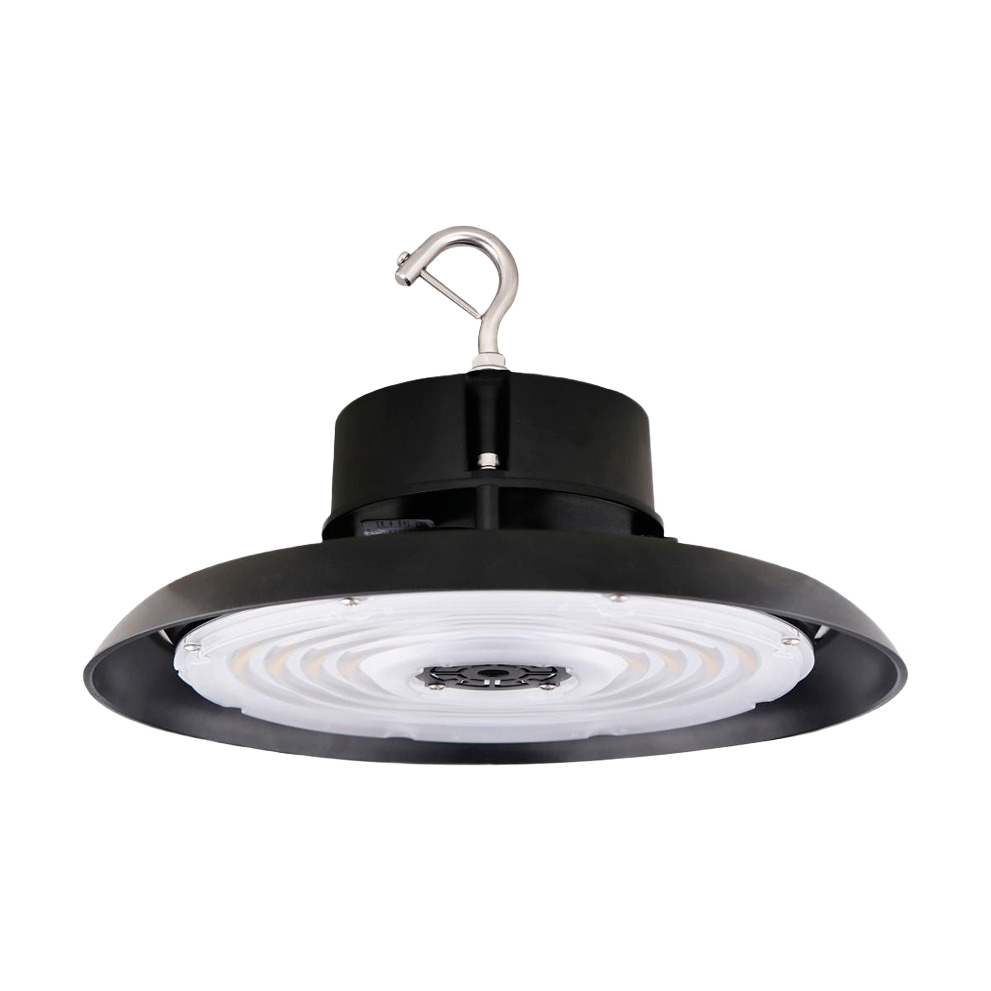 Black UFO LED hi-bay light fixture with hook mount for powerful indoor illumination in lighting and electrical collections