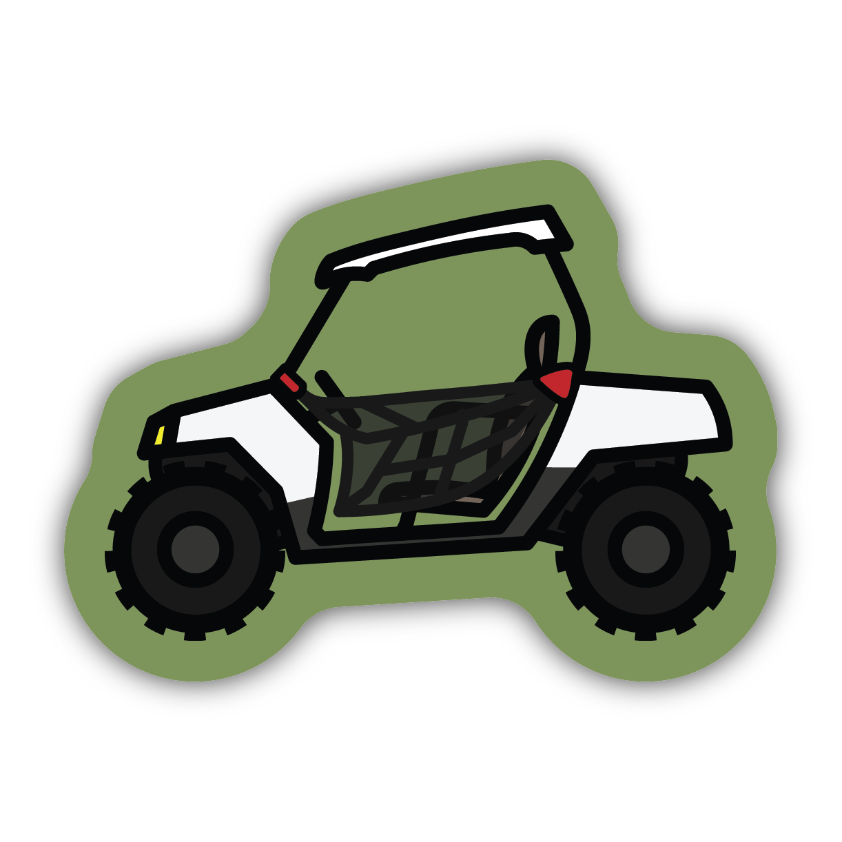 Green and white off-road vehicle sticker with black wheels and safety netting for outdoor and recreational use