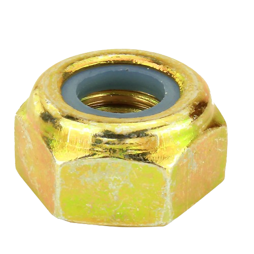 Gold-toned M10 lock nut with nylon insert for secure fastening in John Deere parts and home improvement collections under $50