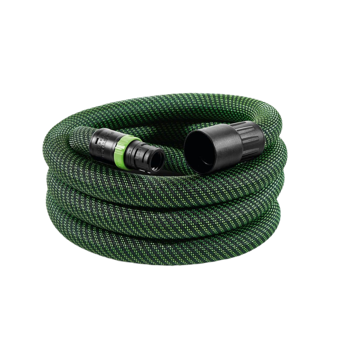 Coiled green and black anti-static extractor hose with connectors for woodworking dust management and vacuum tools