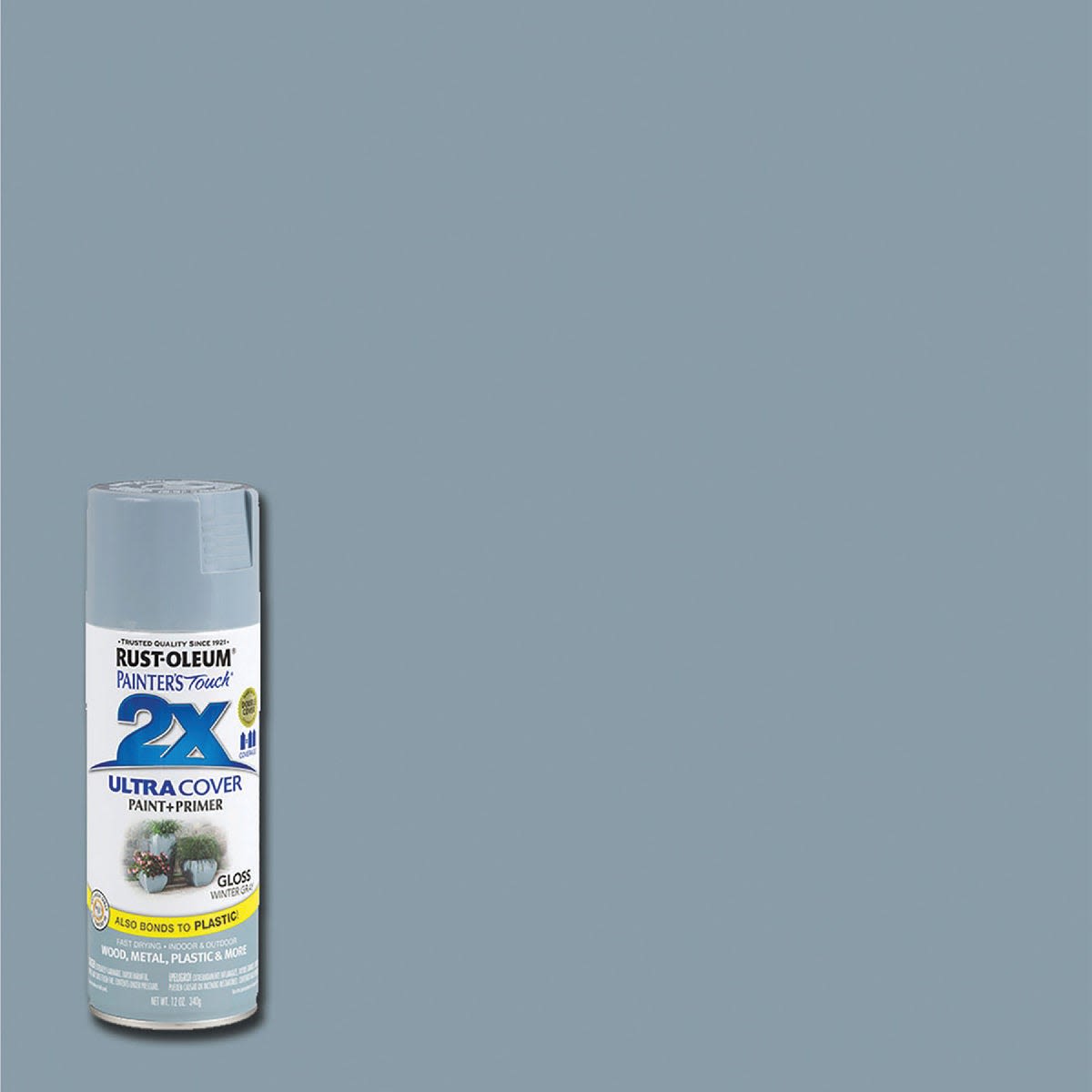 Gray gloss spray paint and primer can for wood, metal, and craft projects in Rust Oleum collection under $50