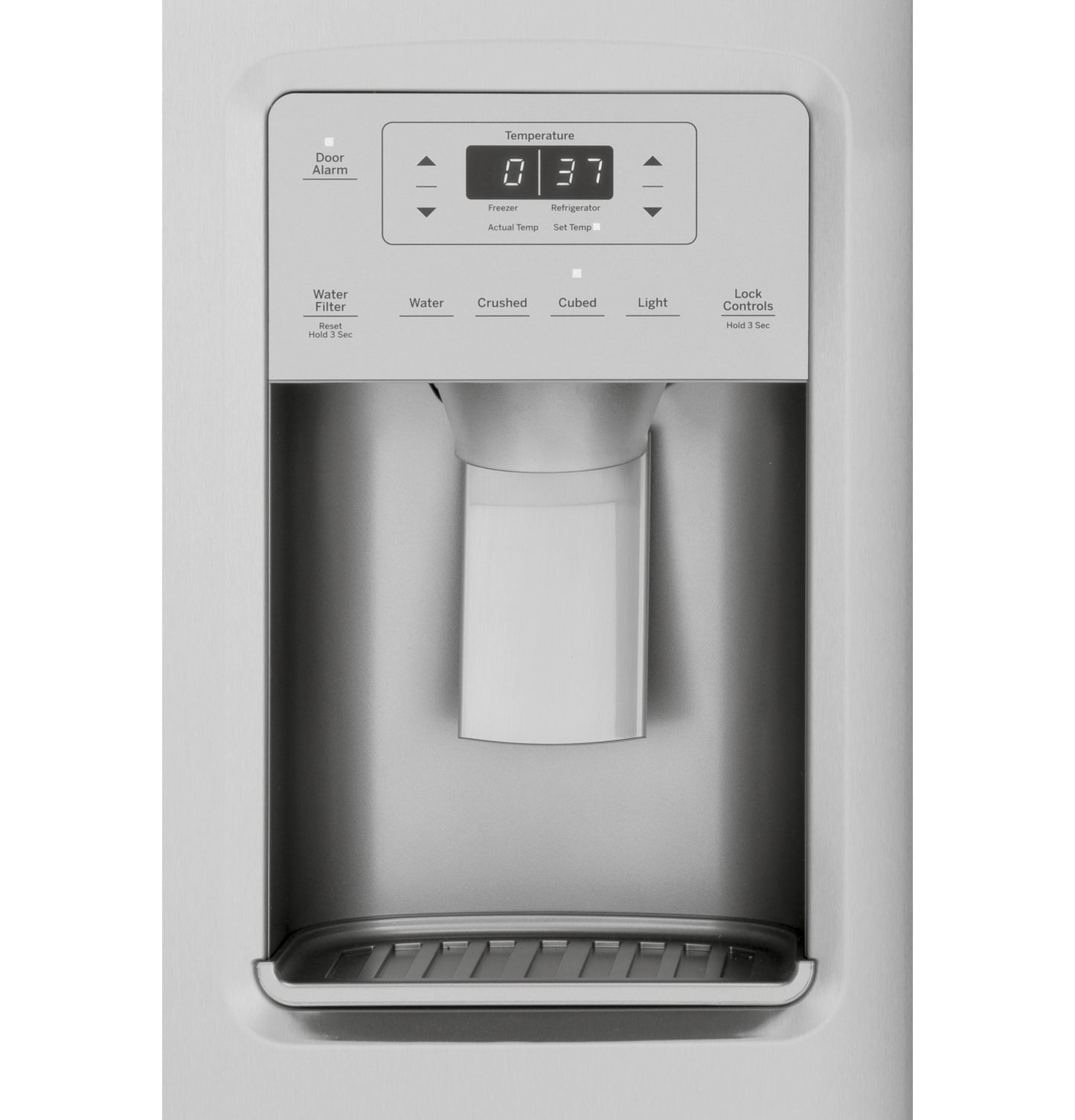 Close-up of water and ice dispenser with control panel on fingerprint resistant refrigerator in appliances collection
