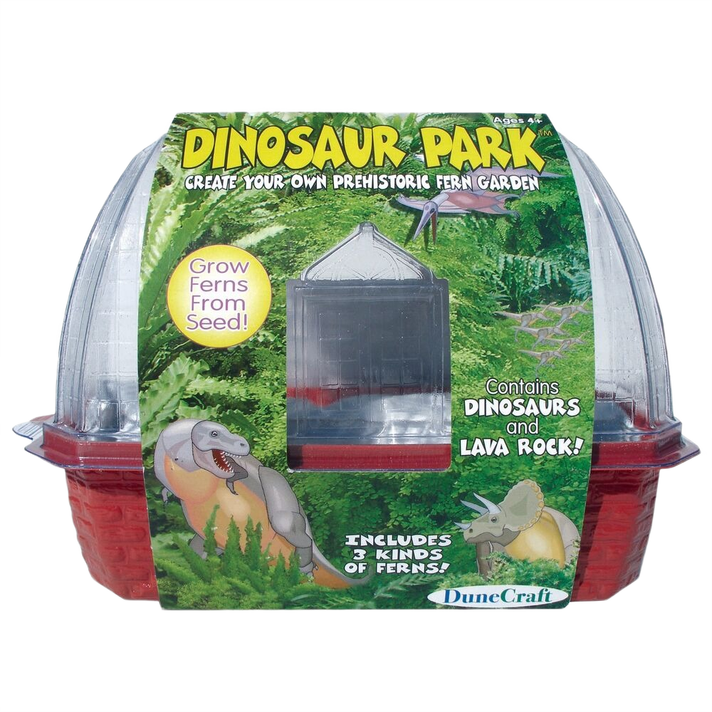 Red plastic garden kit with dinosaur toys and fern growing seeds for pretend play and educational fun under $50.