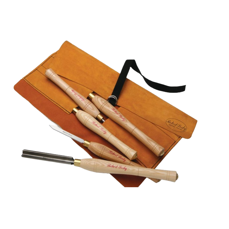 Set of five woodturning tools with wooden handles and leather tool roll for organized storage and transport