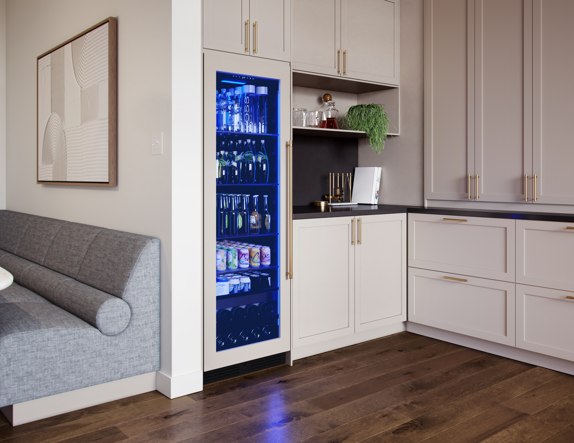 Tall panel-ready beverage cooler with glass door, blue interior lighting, integrated in modern kitchen cabinetry collection