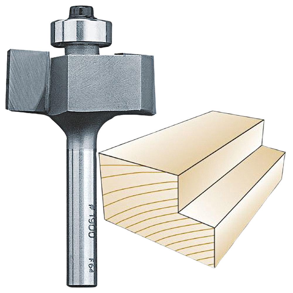 Carbide-tipped router bit for rabbet cuts shown alongside a wood sample illustrating its cut profile.