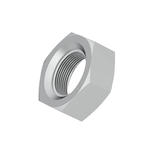 Silver hexagonal metal nut with internal threading for fastening in tools and home improvement projects