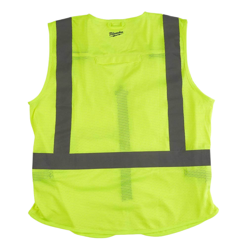Bright yellow mesh safety vest with reflective gray stripes for enhanced visibility in safety and hardware gear collections