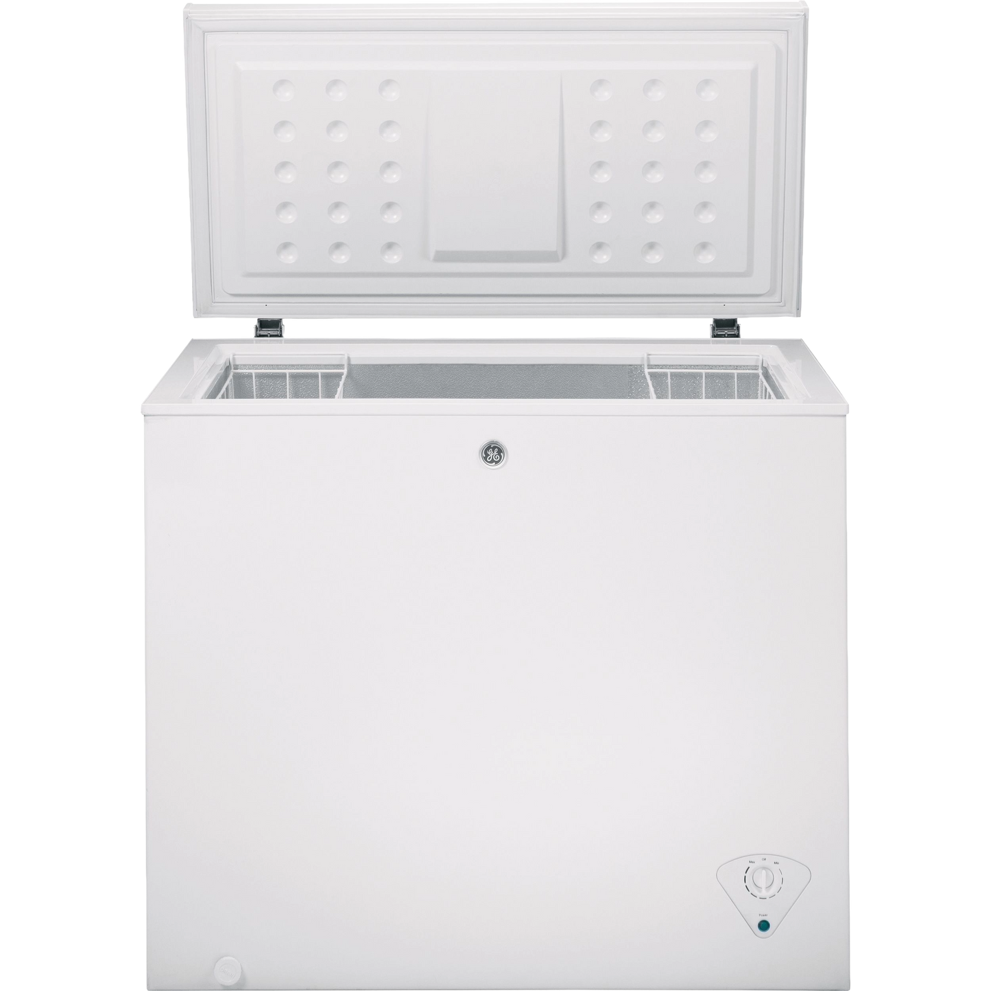 White chest freezer with manual defrost and open lid showing interior wire baskets for organized storage