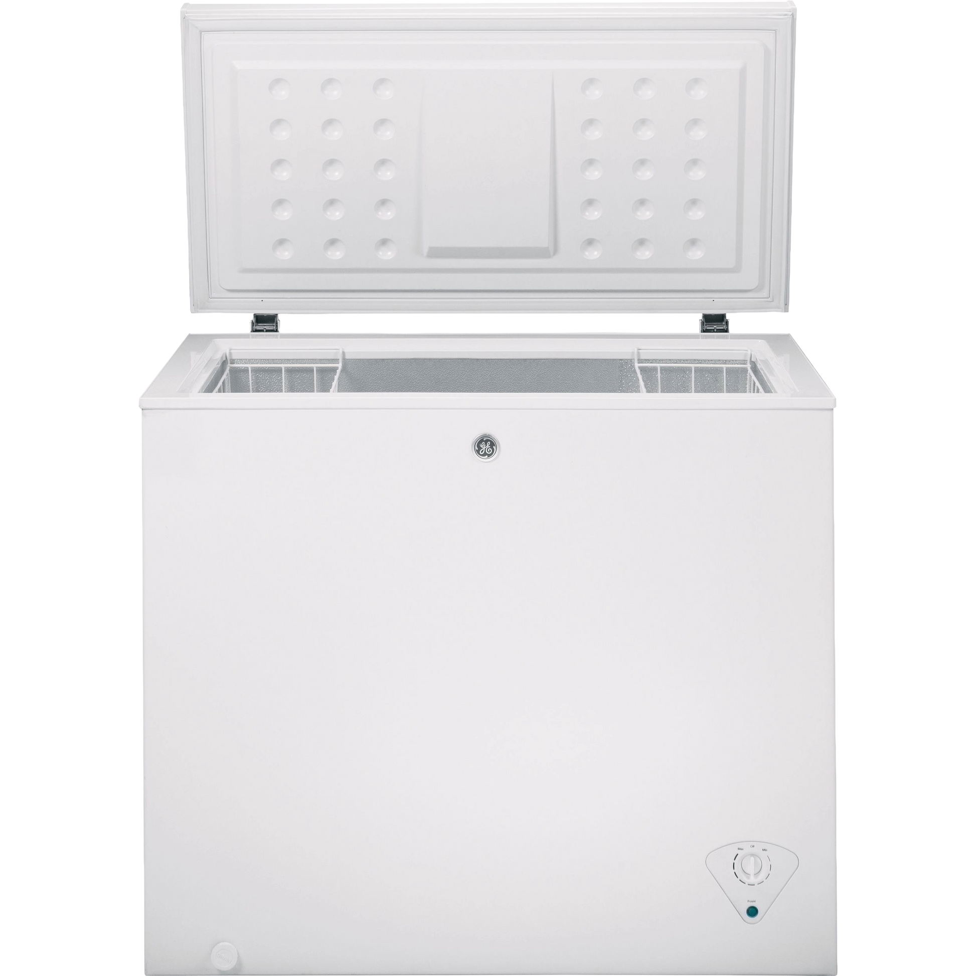 White chest freezer with manual defrost and open lid showing interior wire baskets for organized storage