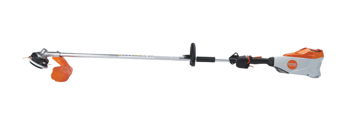 Long battery-powered trimmer with ergonomic handle and metal shaft for outdoor garden and home improvement tasks