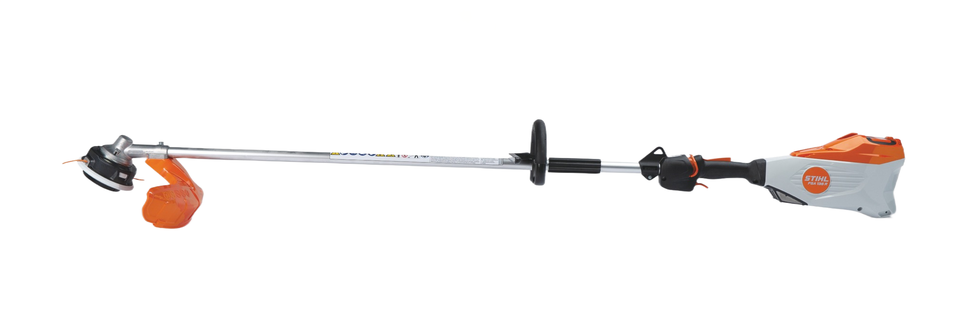 Long battery-powered trimmer with ergonomic handle and metal shaft for outdoor garden and home improvement tasks