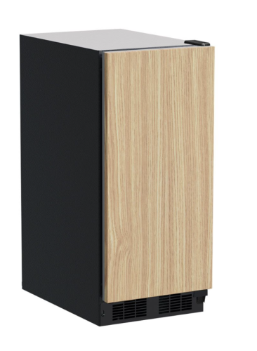 Built-in crescent ice machine with wood-look door panel and black exterior from Appliances collection