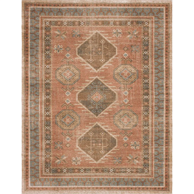 Muted earth tone rug with geometric medallions and floral motifs in a traditional antique-inspired design