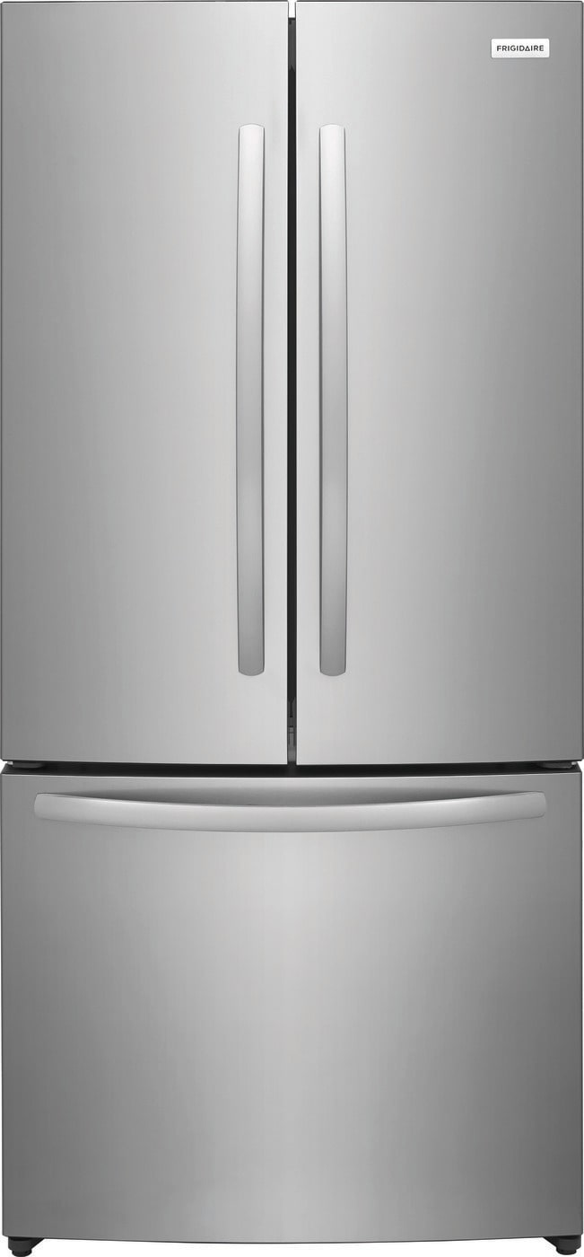 Stainless steel French door refrigerator with bottom freezer drawer, sleek handles, fits modern kitchen and appliance collections
