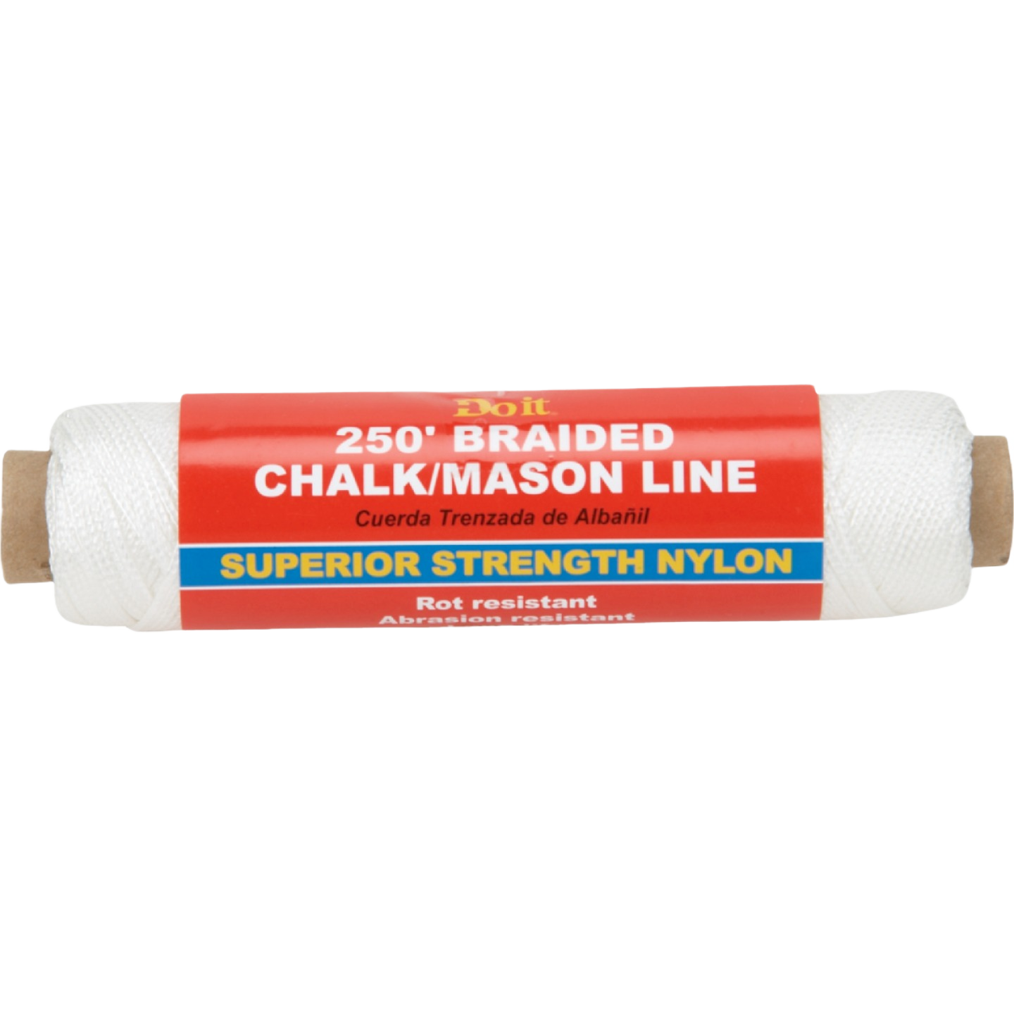 White braided nylon chalk line spool for marking in tools and home improvement projects, 250 feet length