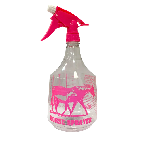 Clear plastic spray bottle with pink trigger and horse design for tools and home improvement projects
