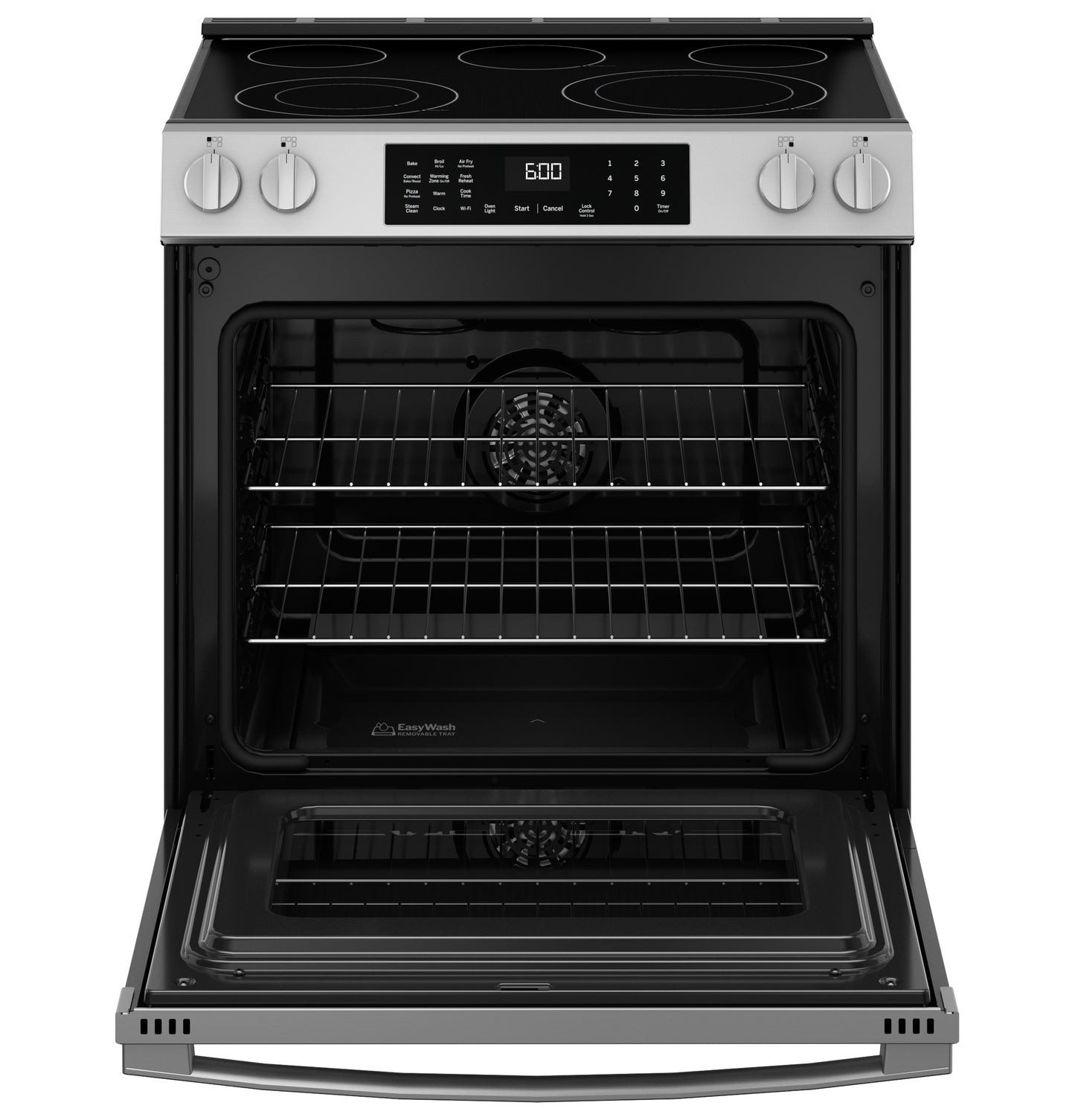 Stainless steel 30-inch slide-in electric convection range with digital control panel and open oven from Ranges collection