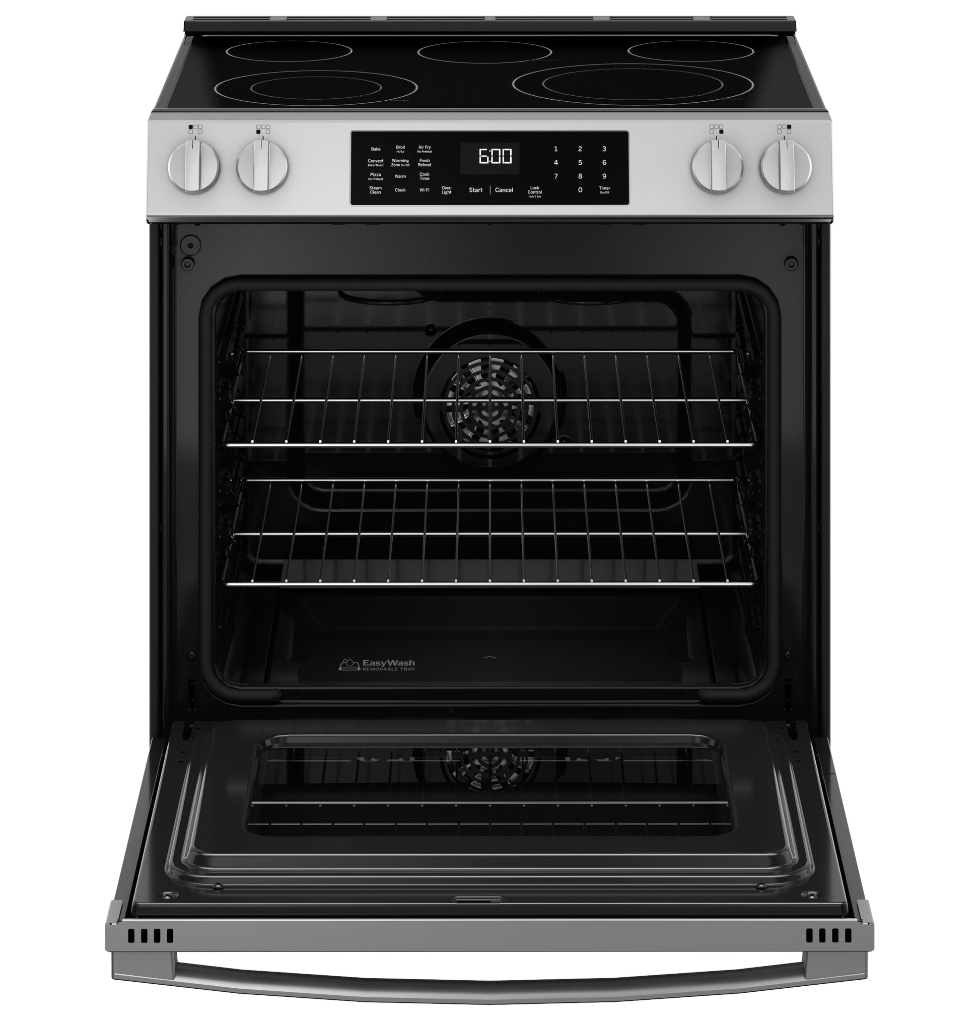 Stainless steel 30-inch slide-in electric convection range with digital control panel and open oven from Ranges collection