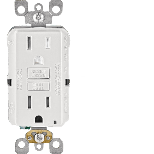 White commercial grade GFCI outlet with reset and test buttons for electrical safety and home improvement use