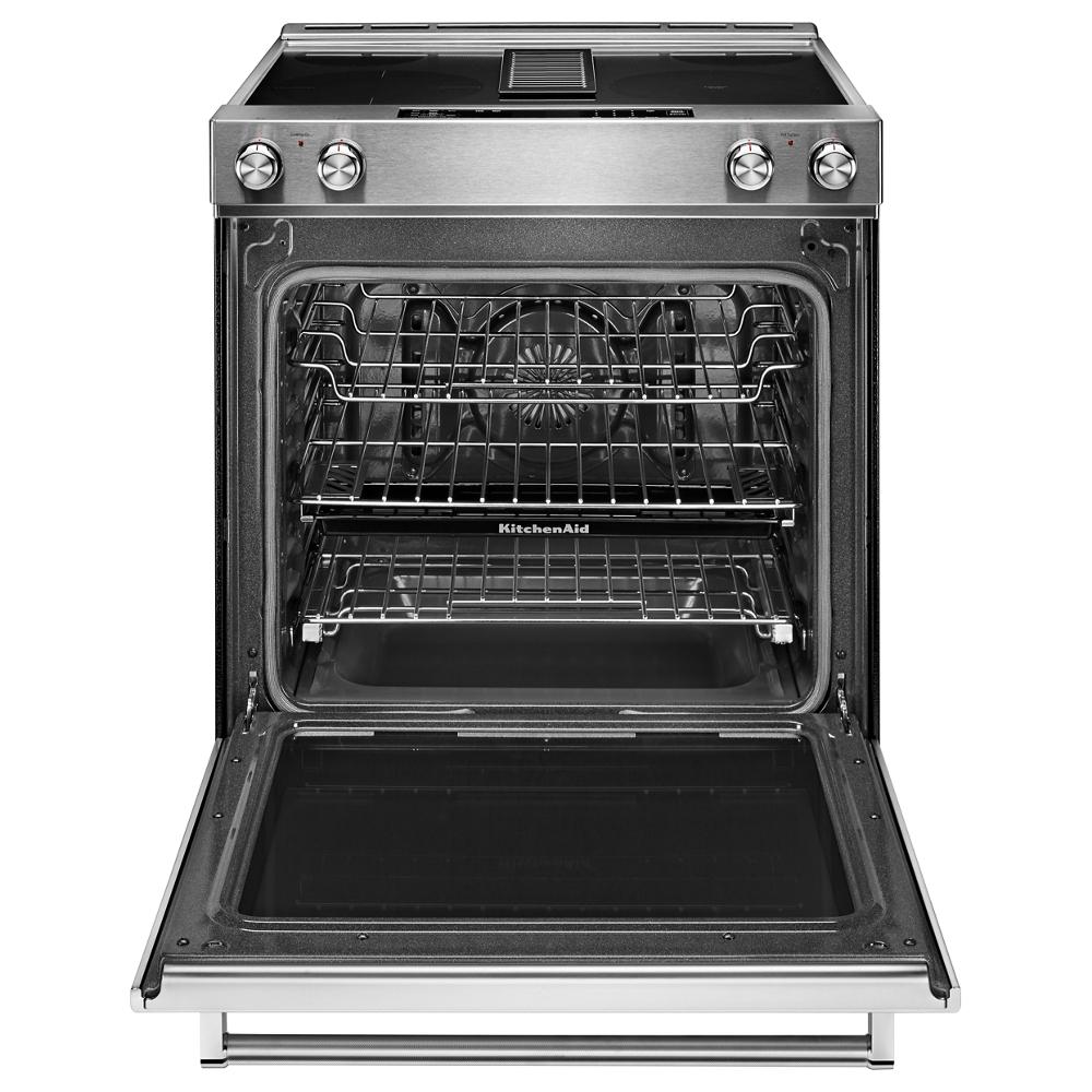 Open stainless steel electric range with four cooking elements, downdraft vent, and adjustable racks from KitchenAid Ranges collection