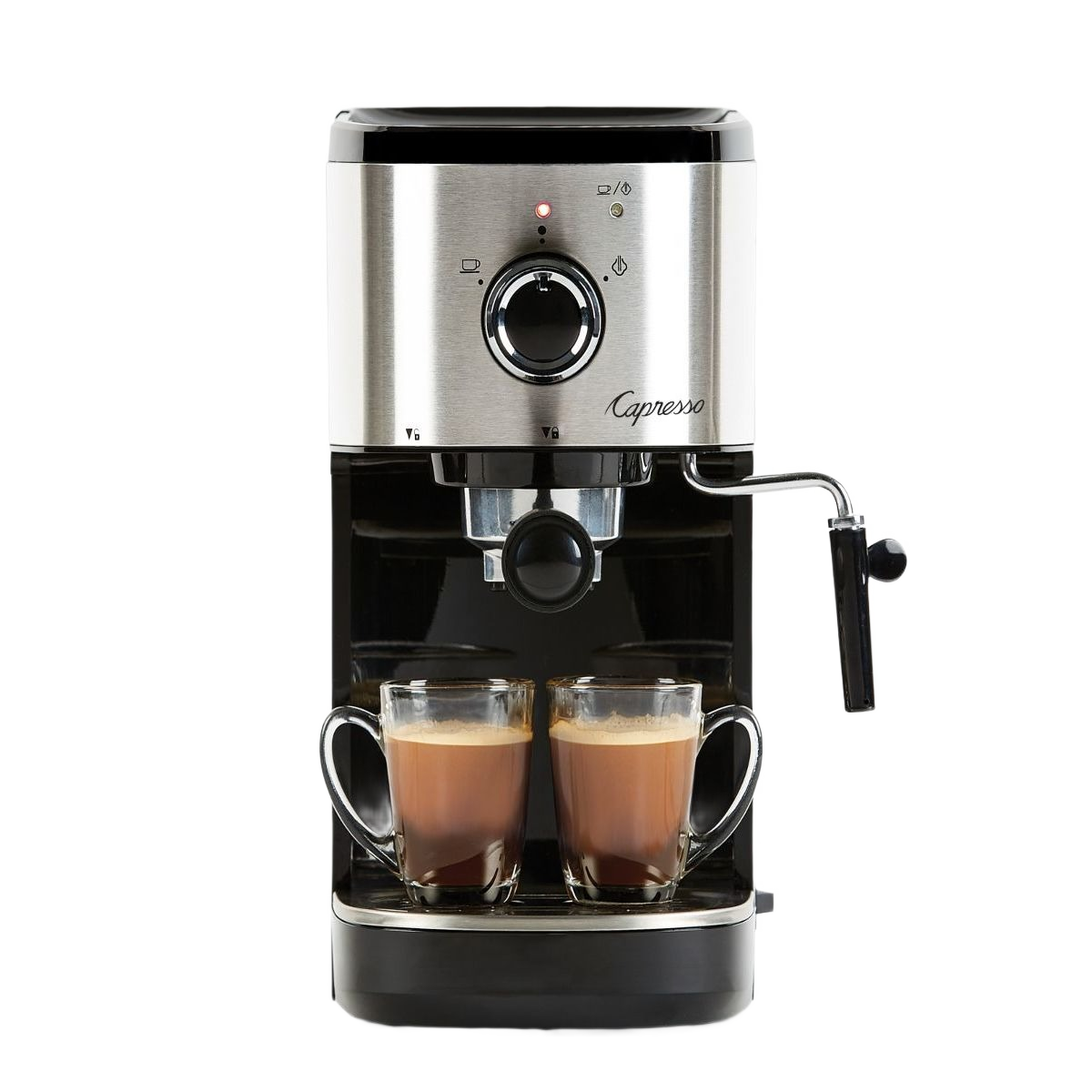 Stainless steel espresso machine brewing two cups with steam wand for frothing milk in home kitchen use