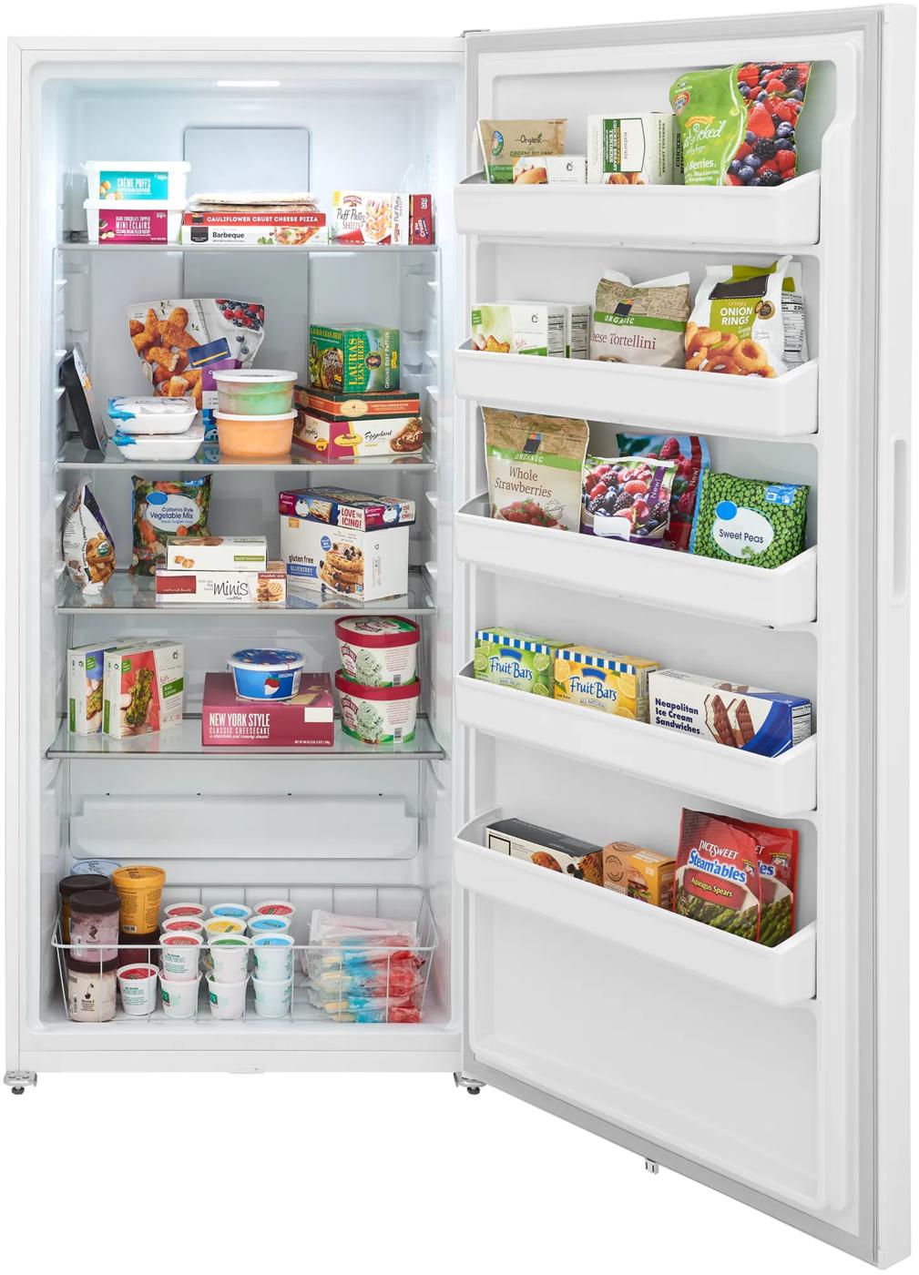 Open upright freezer filled with assorted frozen food items neatly organized on glass shelves and door compartments, ideal for Freezers & Ice Makers, Upright Freezers, Kitchen & Kitchenware, and Appliances collections.