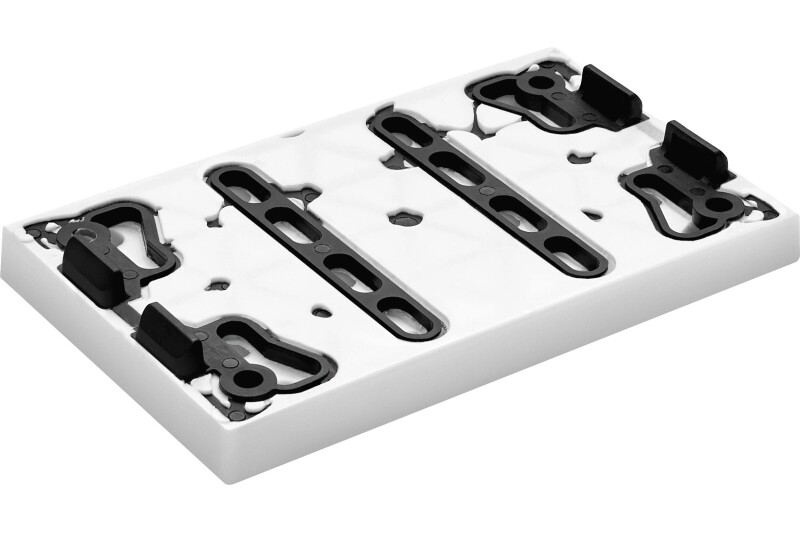 White flat sanding pad with black adjustable mounting clips for woodworking tool accessories and home improvement tasks