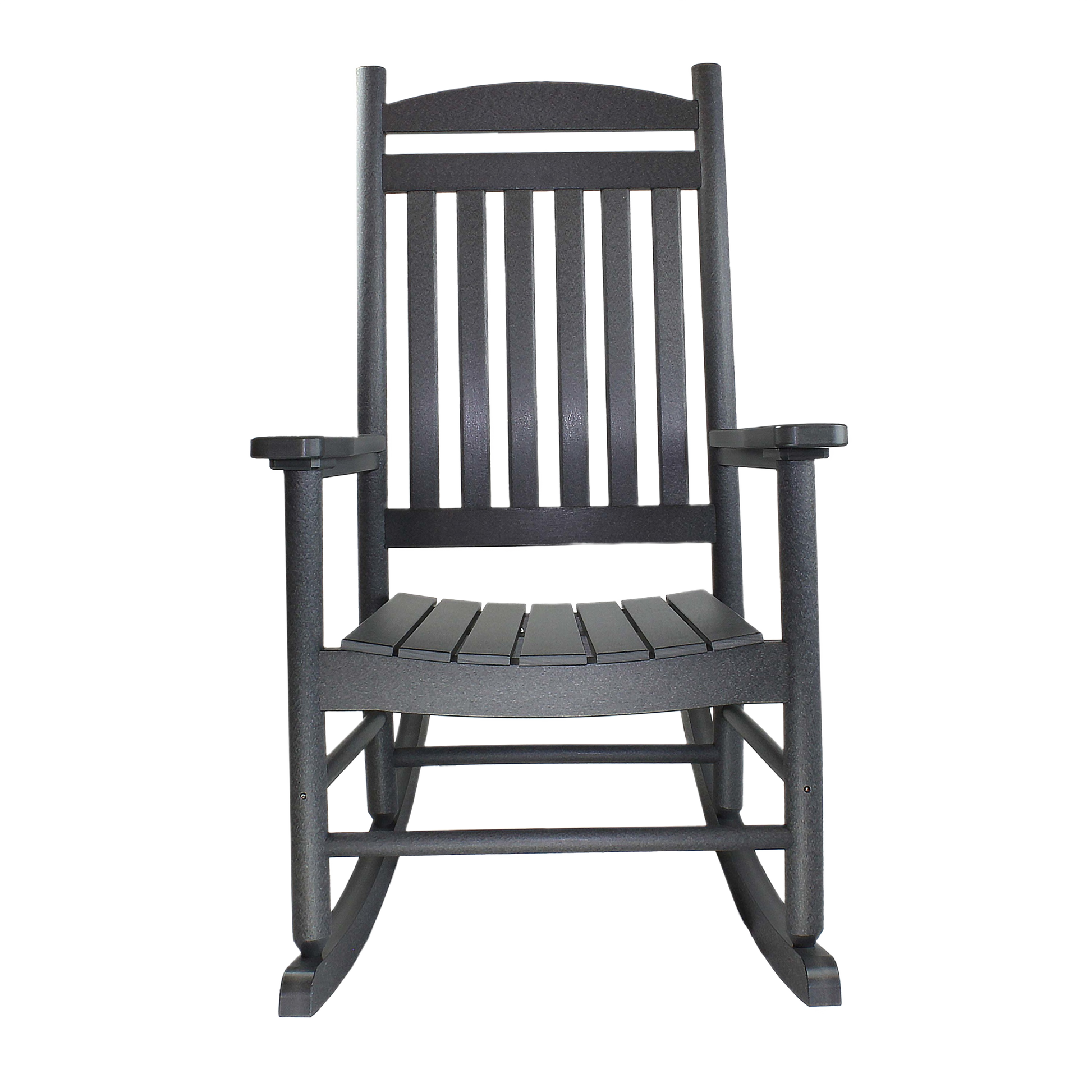 Sturdy smoke gray porch rocking chair with slatted seat and backrest designed for outdoor comfort and home improvement projects