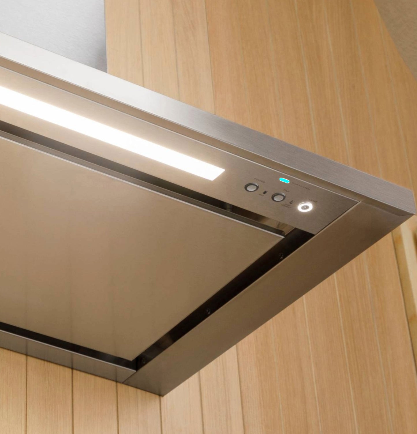 Stainless steel wall-mounted range hood with LED lighting and control buttons in kitchen and appliances collections