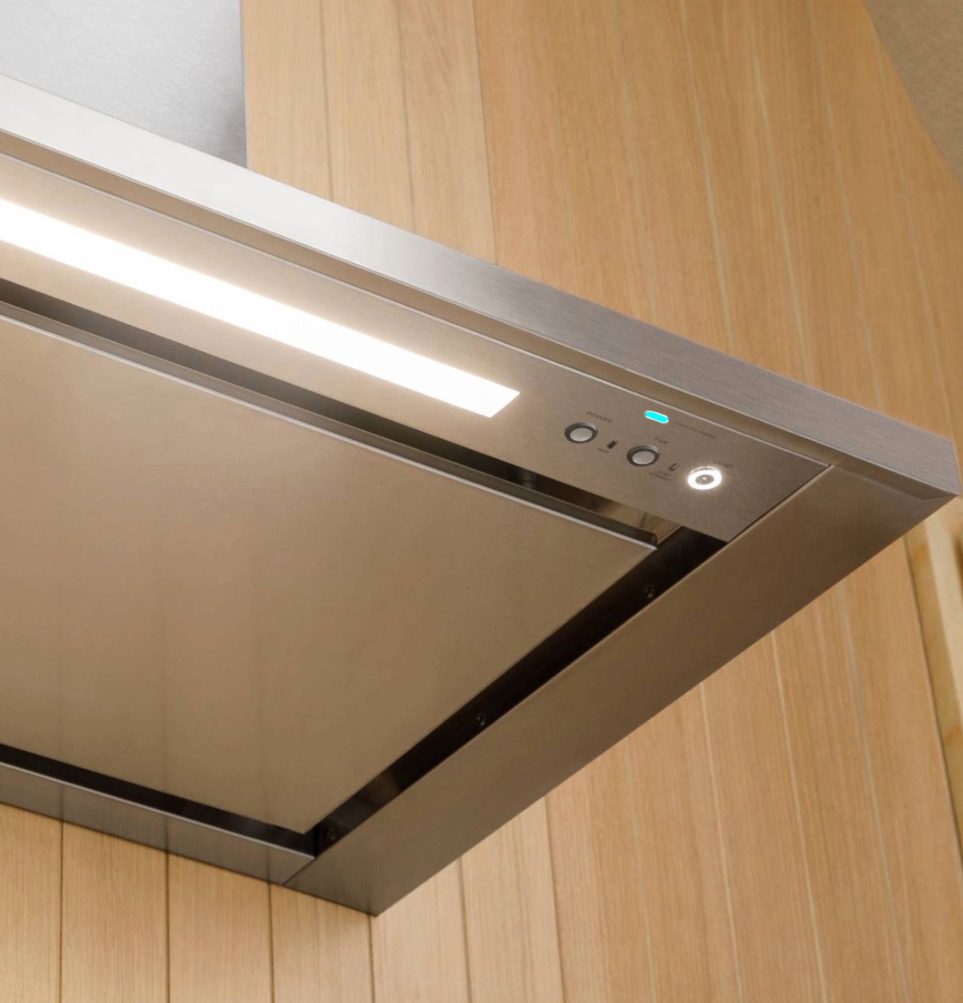 Stainless steel wall-mounted range hood with LED lighting and control buttons in kitchen and appliances collections