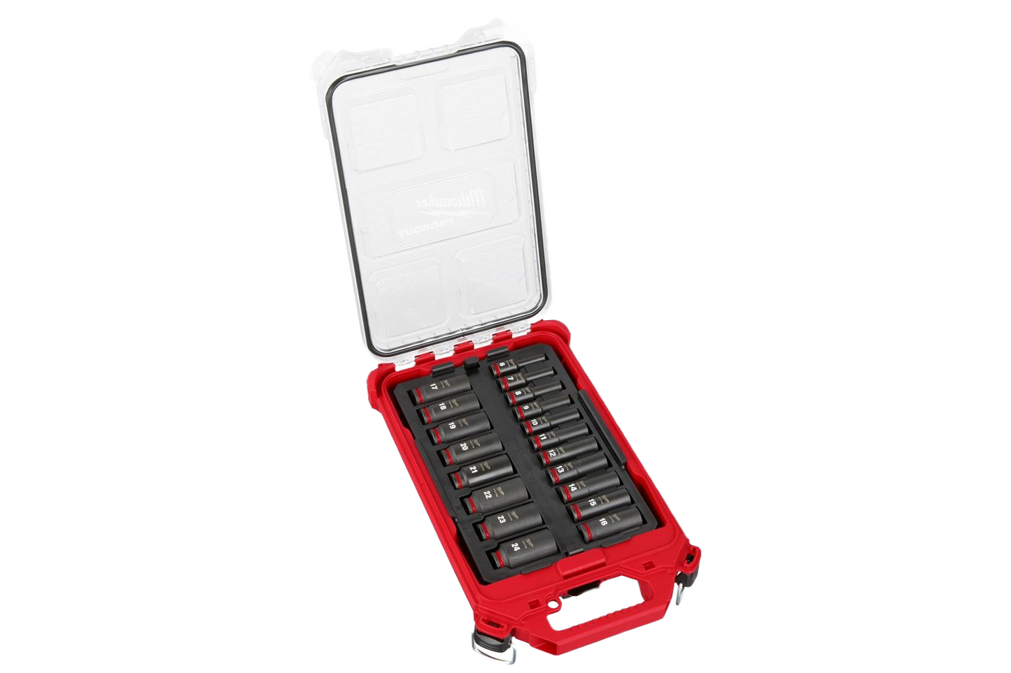 Compact red tool case with multiple impact duty sockets organized for home improvement and repair tasks
