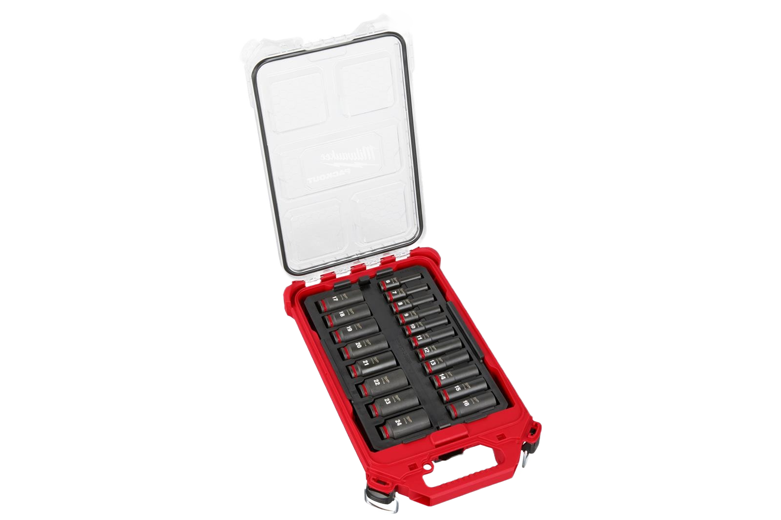 Compact red tool case with multiple impact duty sockets organized for home improvement and repair tasks