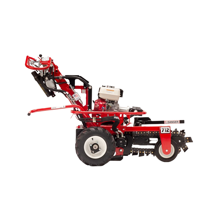Red and white micro trencher with free-wheeling hubs and large rear tires, part of Rental Equipment for home improvement tools at Hartville Hardware.