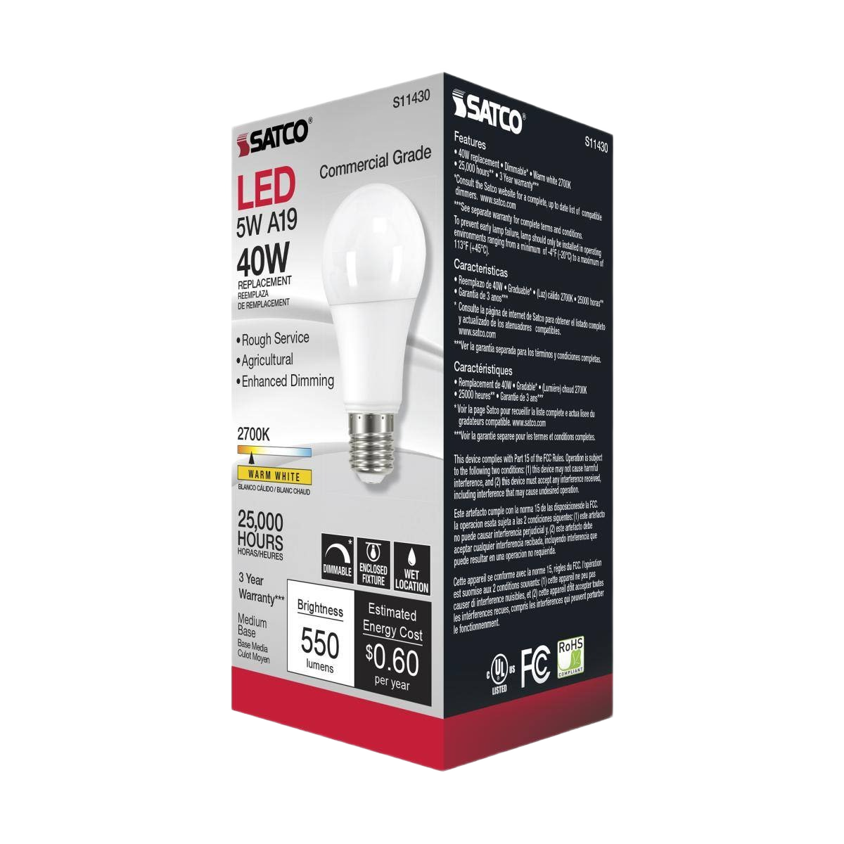 Durable 5 watt A19 LED bulb with warm white light, dimmable, for agricultural and rough service use under $50