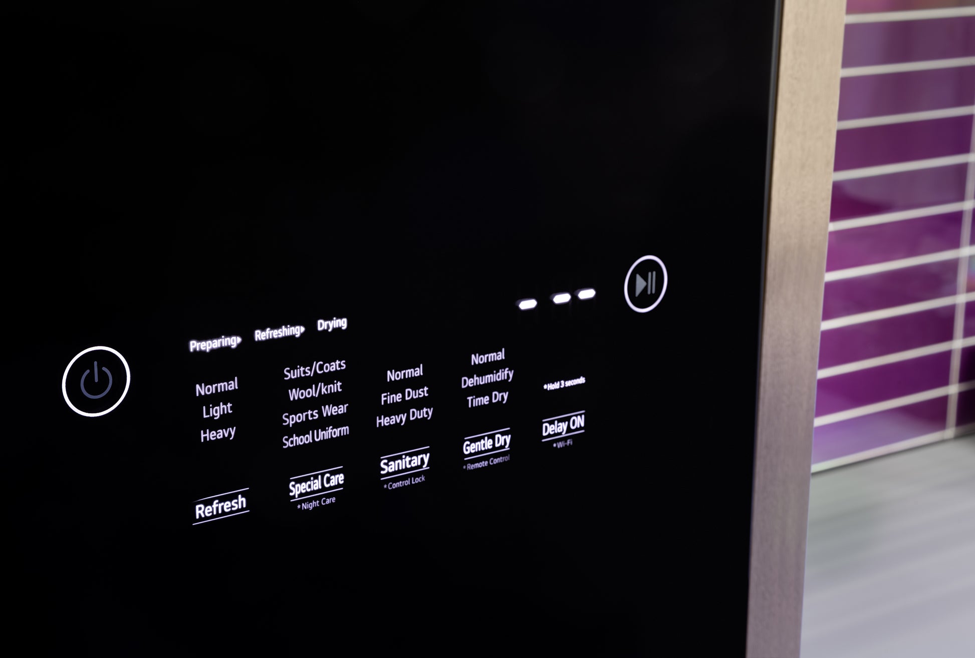 Control panel of Steam Closet with Fabric Refresh showing cycle options and delay start in black and stainless steel finish