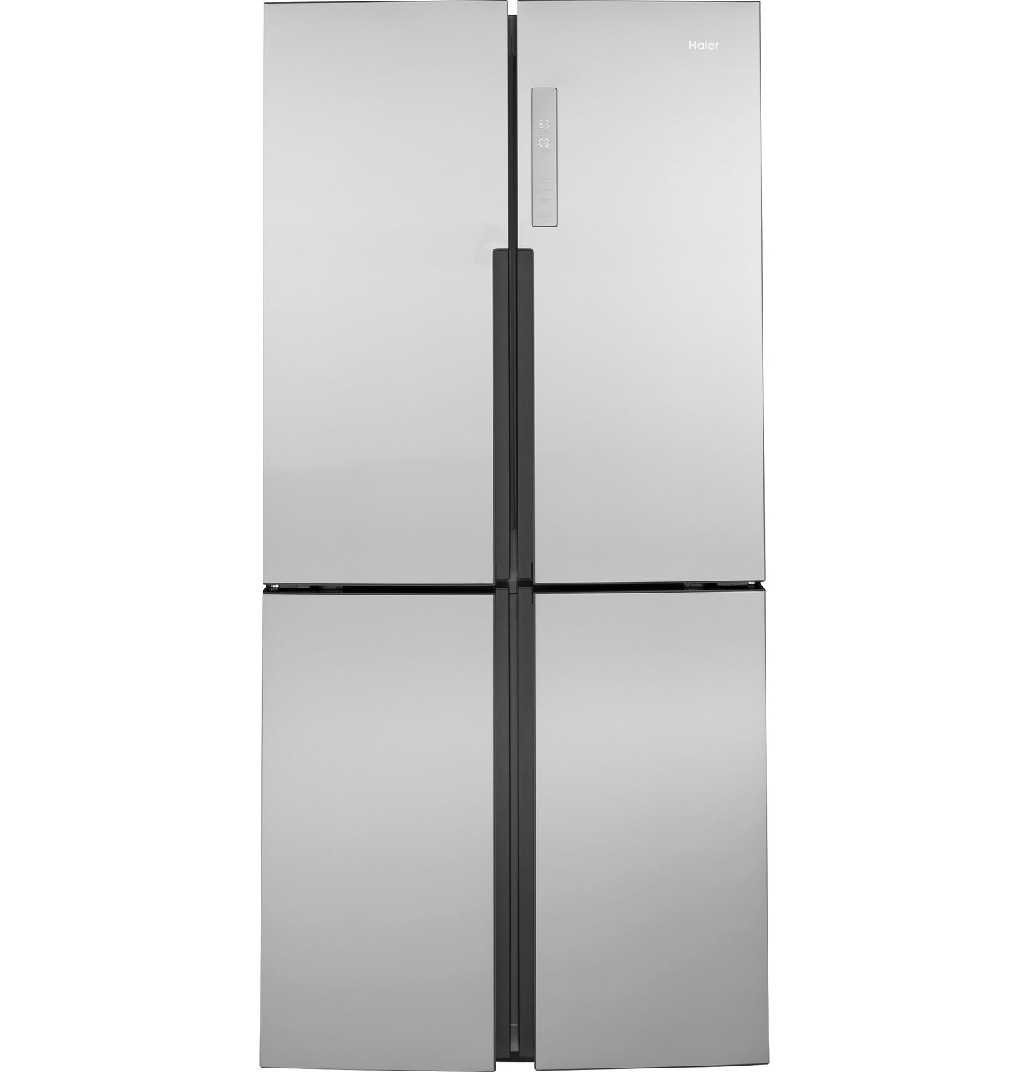 Stainless steel quad door refrigerator with digital control panel in kitchen appliances and refrigerators collection