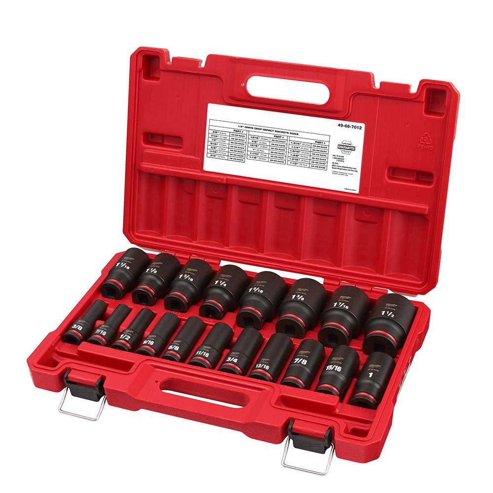 Set of 19 SAE deep impact sockets with 6-point design in red case for hand tools and home improvement collections