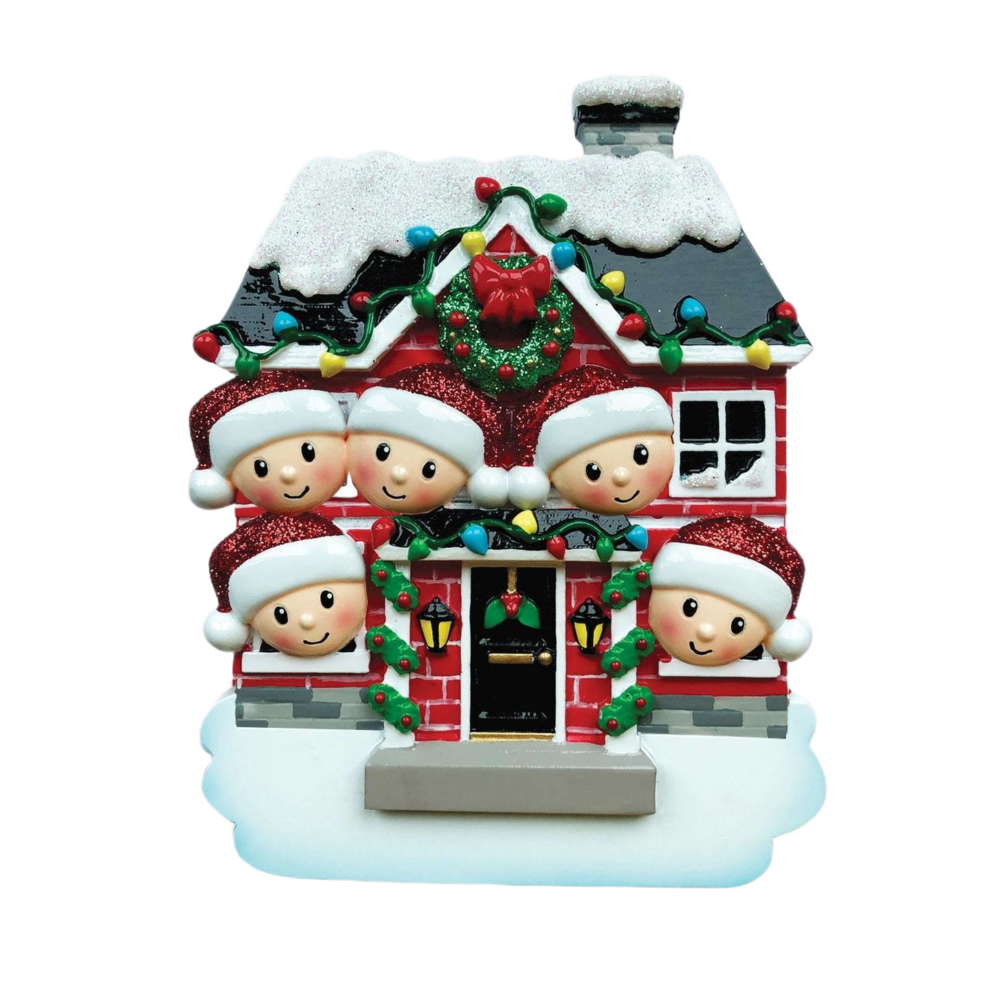 Red brick house ornament with five smiling characters wearing Santa hats for Christmas Ornaments & Tree Decorations under $50 collection