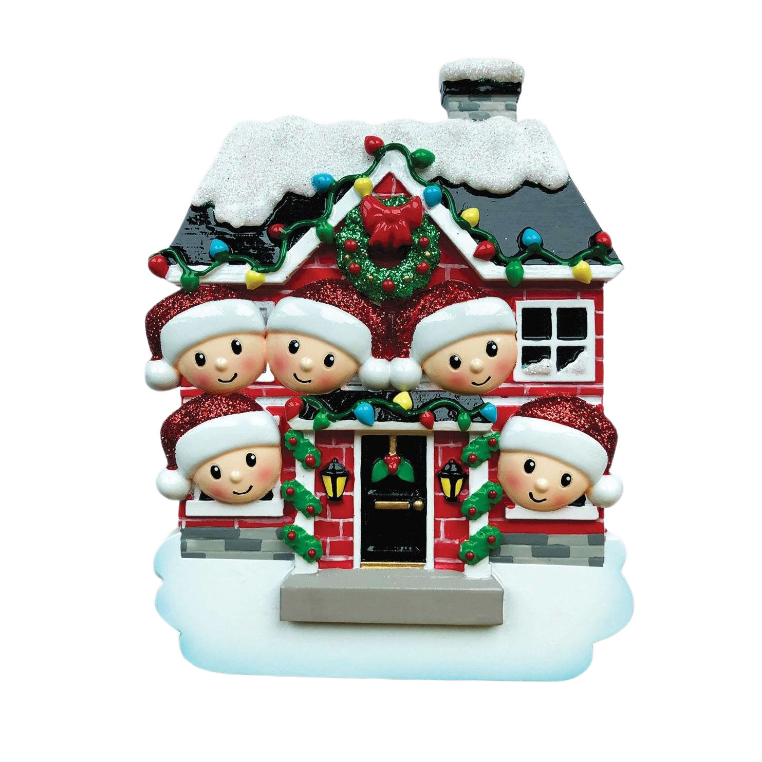 Red brick house ornament with five smiling characters wearing Santa hats for Christmas Ornaments & Tree Decorations under $50 collection