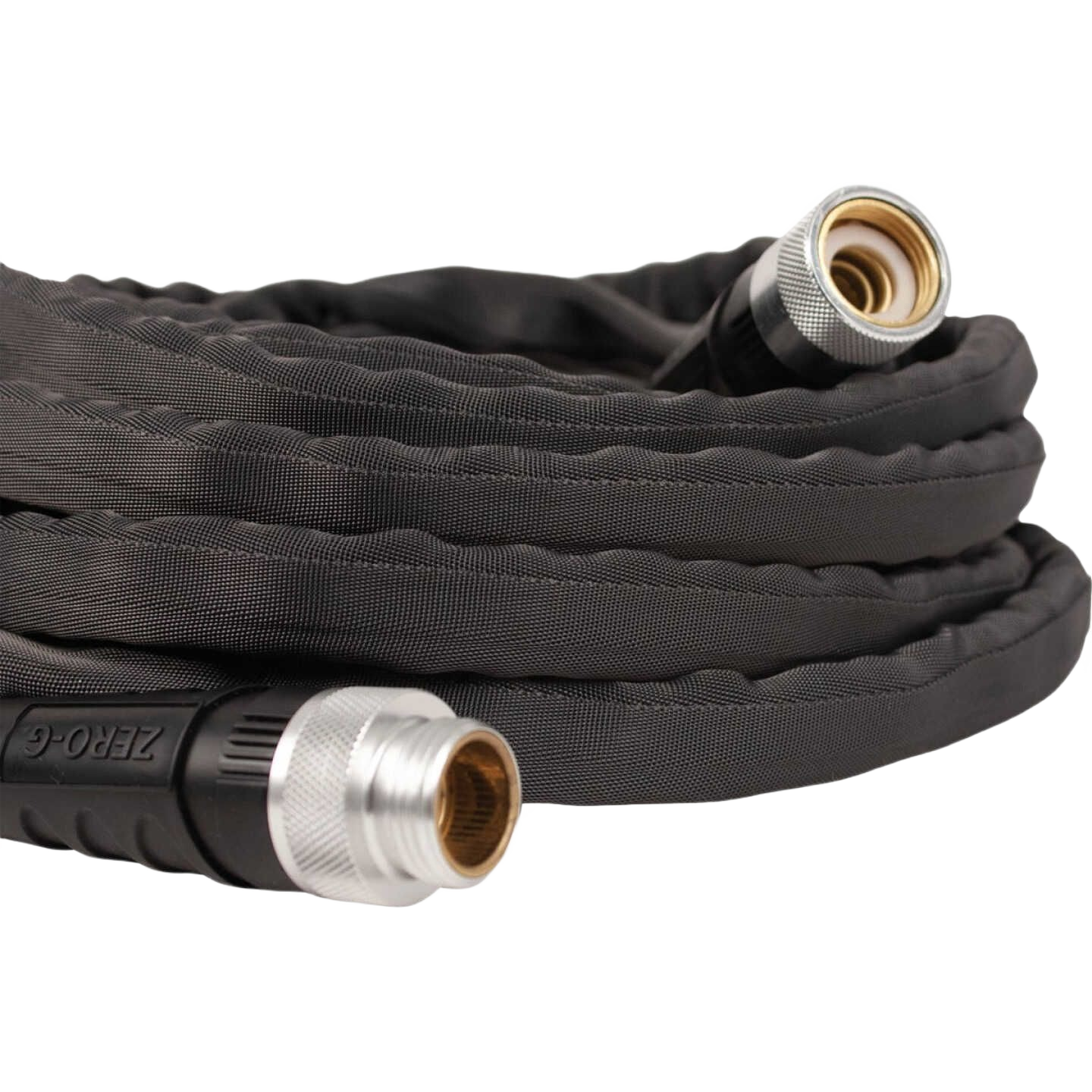 Coiled black garden hose with metal threaded connectors designed for watering and irrigation under $50 and home improvement use