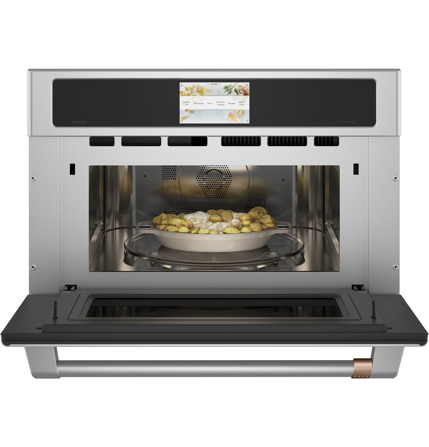 Open stainless steel speed cook oven with digital display and dish inside from wall ovens collection