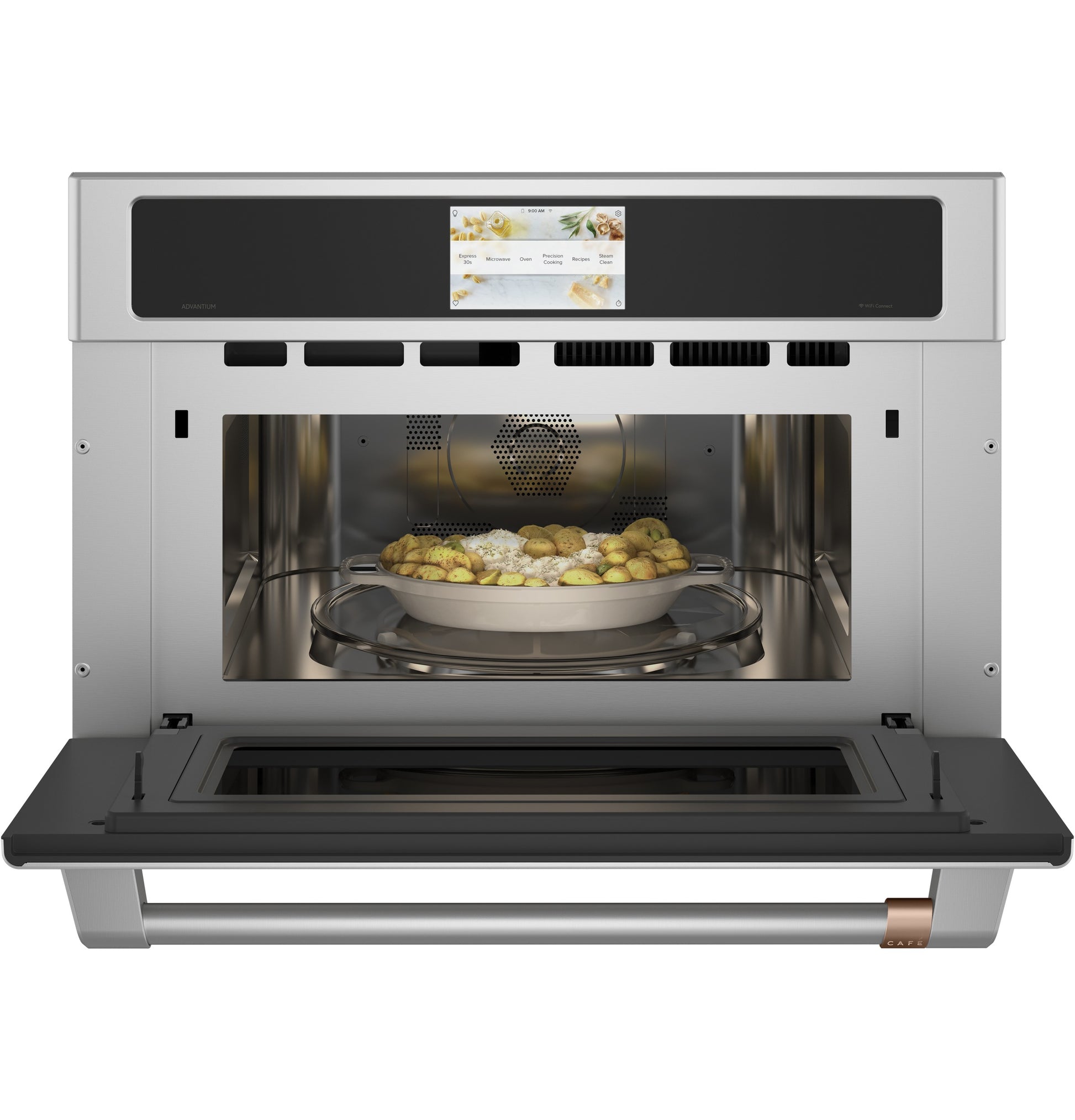 Open stainless steel speed cook oven with digital display and dish inside from wall ovens collection