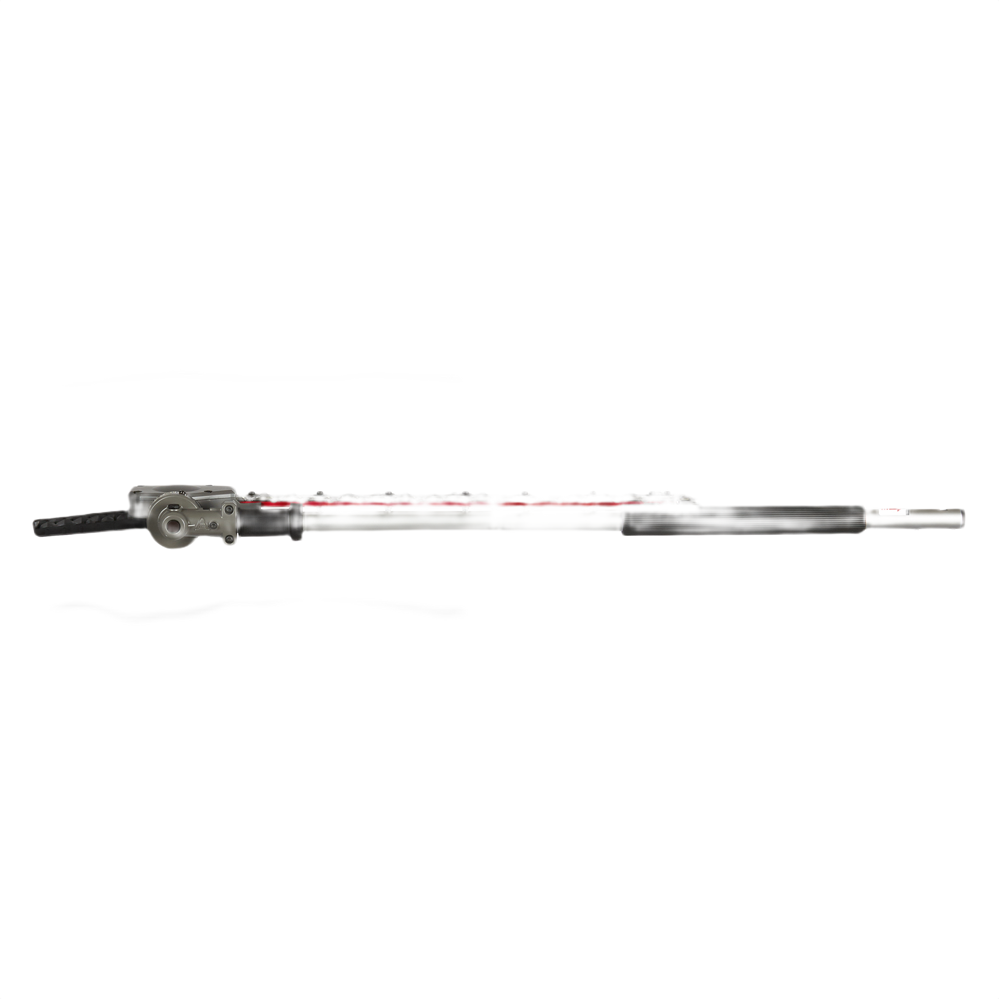 Extendable articulating hedge trimmer attachment with ergonomic grip and red blades for home improvement tools