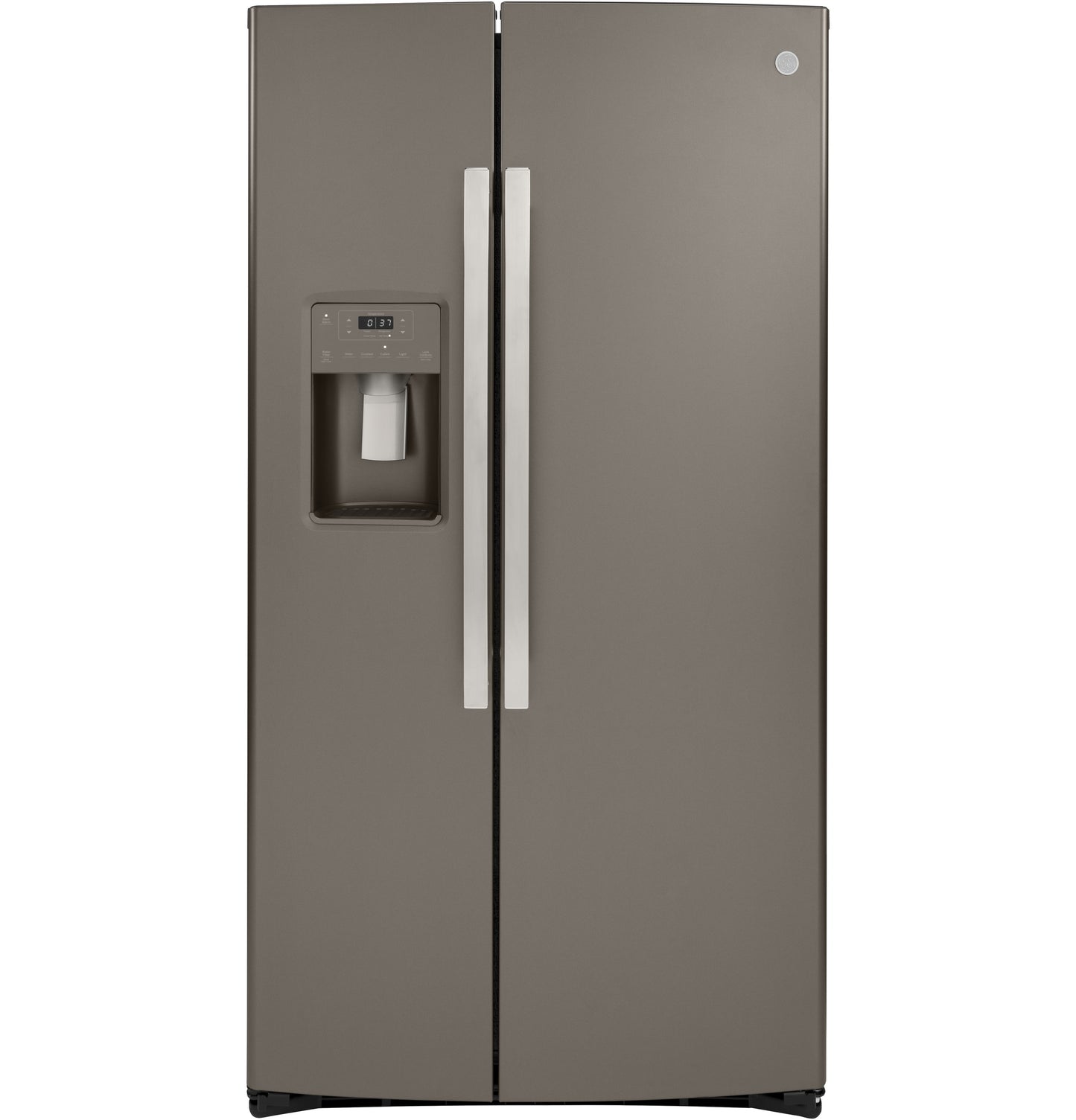 Counter-depth side-by-side refrigerator in dark stainless steel with external water dispenser from kitchen appliances collection